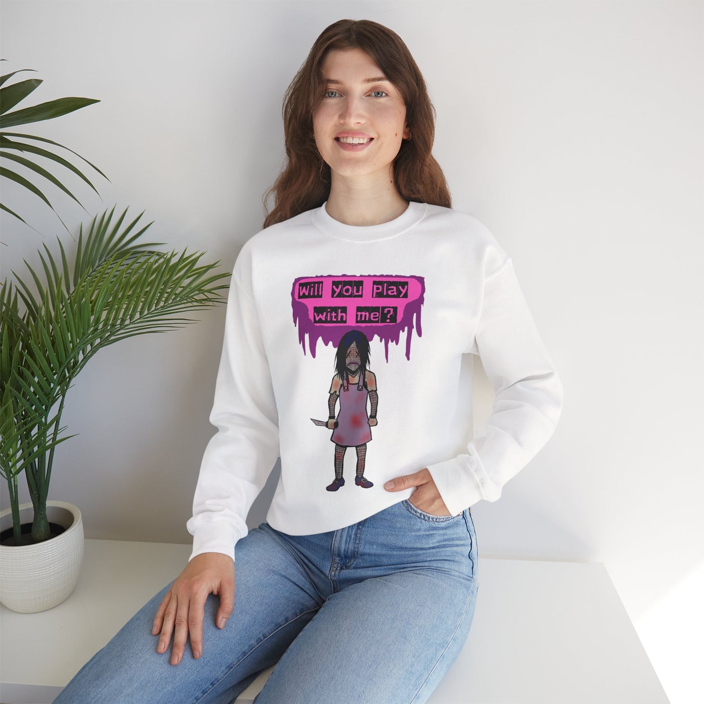 Evil Doll GHOSTLY VINTAGE UNISEX CREWNECK SWEATSHIRT - "Will You Play With Me?"