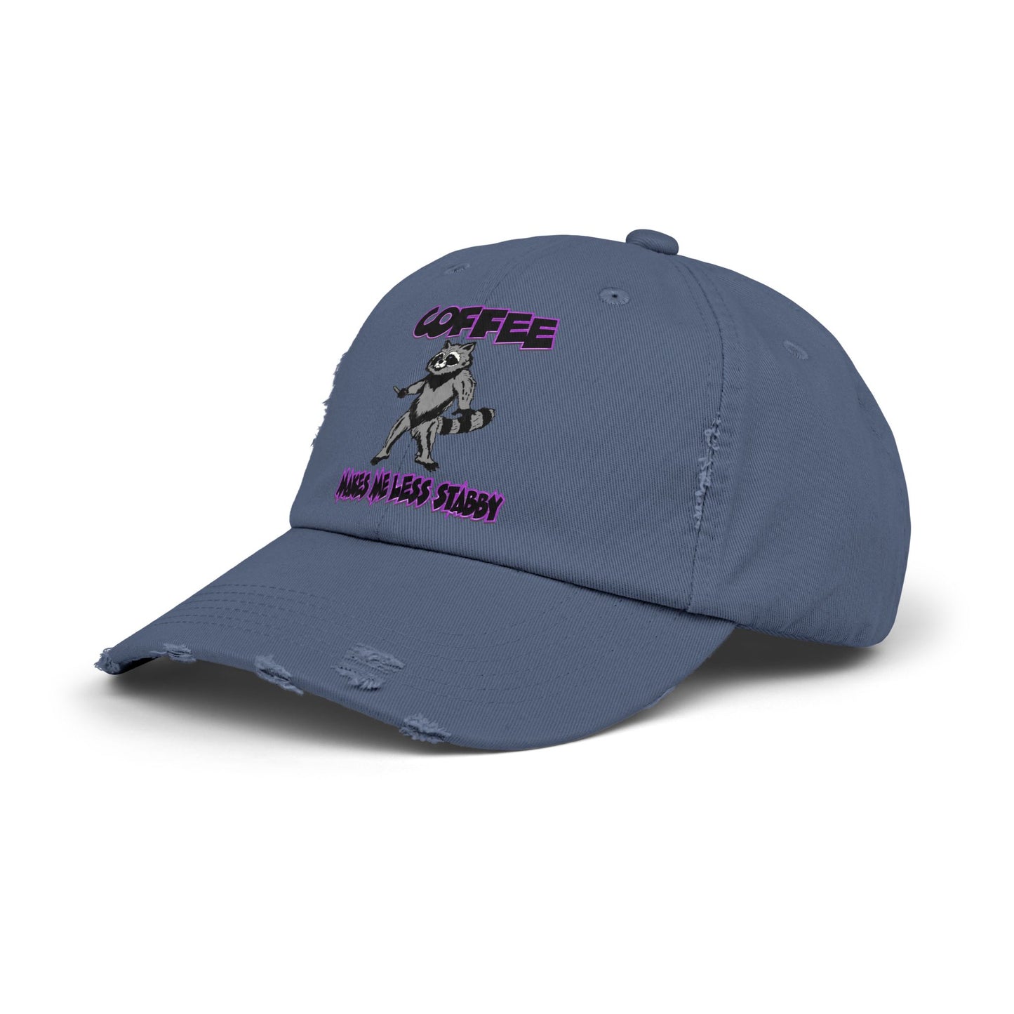 Funny Unisex Distressed Cap - "Coffee Makes Me Less Stabby" - Grumpy Raccoon