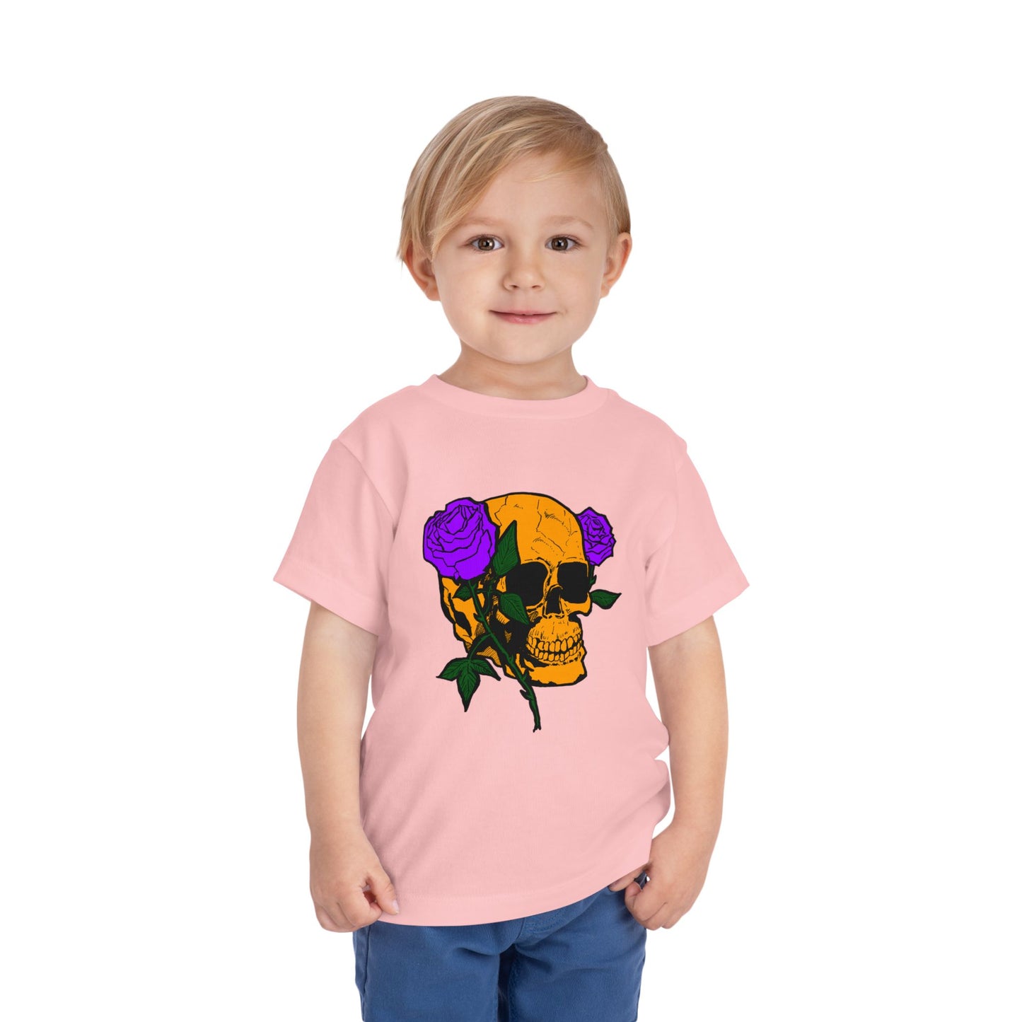 Toddler Tee — Orange Skull with Purple Roses Graphic