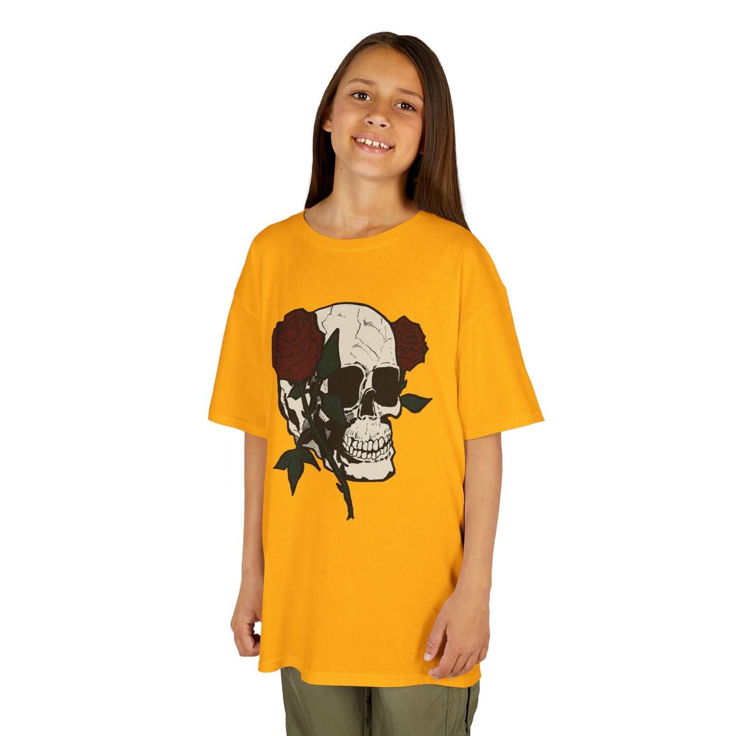Kids Heavy Cotton Tee - Skull and Roses Graphic Tee for Trendy Kids
