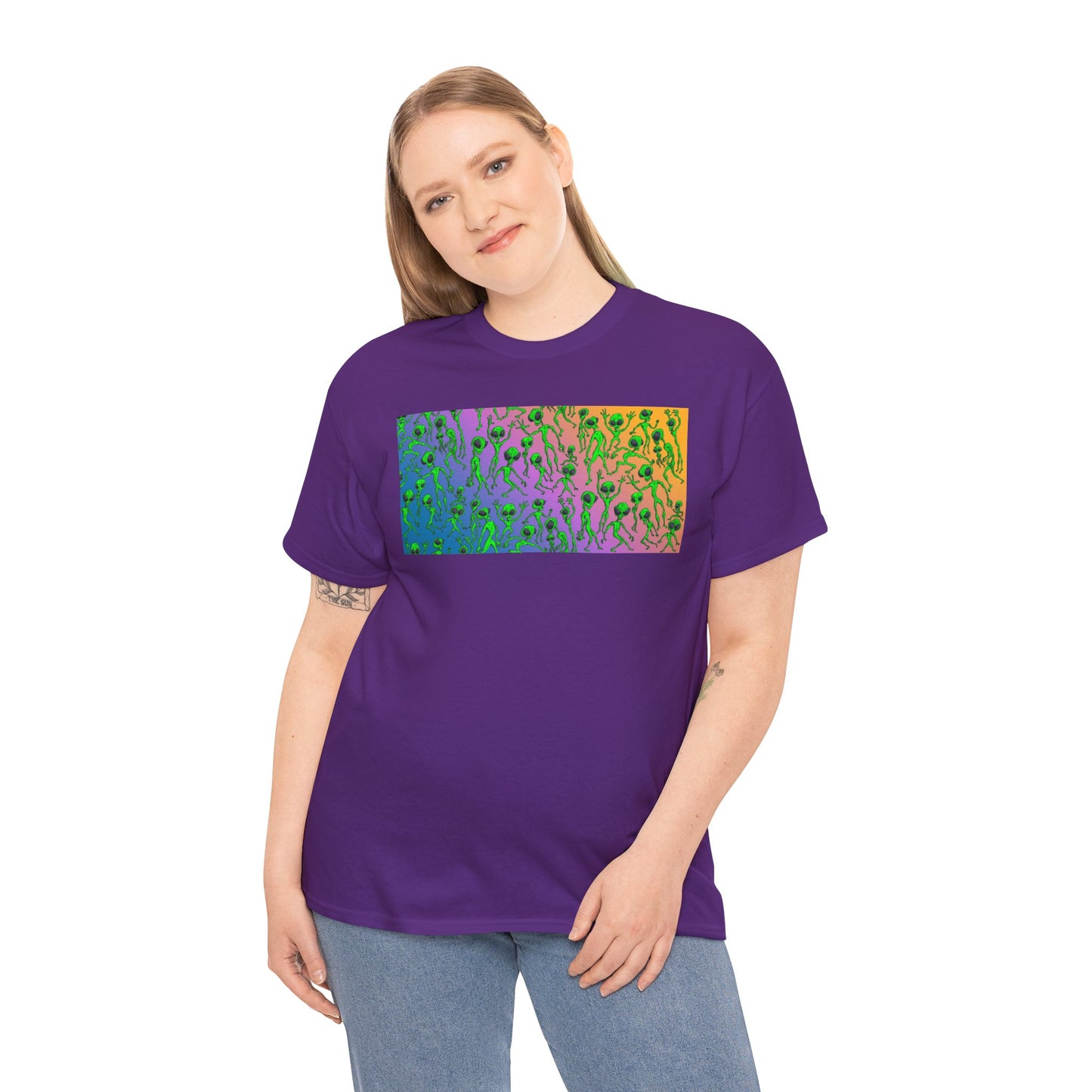 Alien Dance Party Gradient Tee — Colorful Psychedelic Green Aliens Art T-Shirt