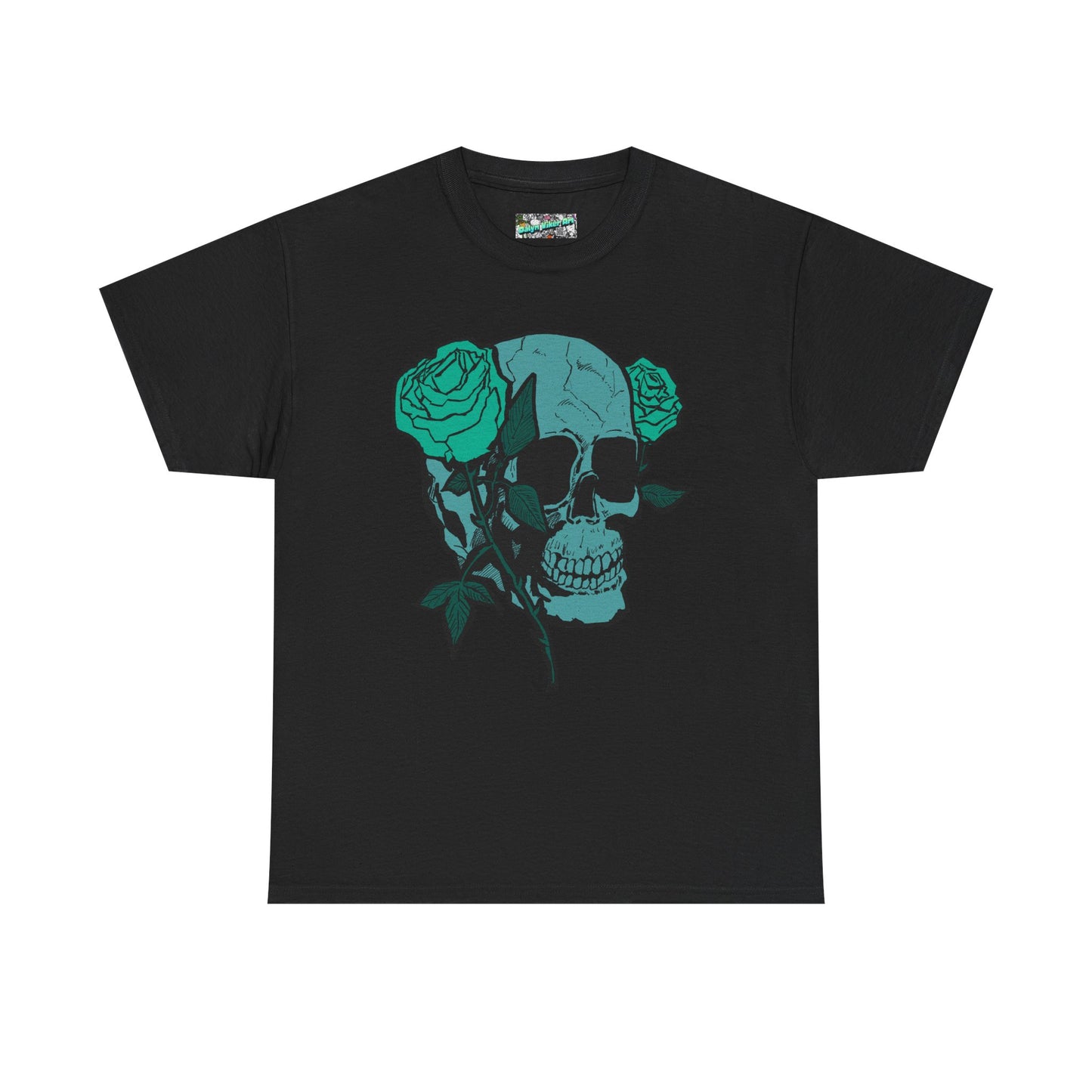 Skull & Roses Graphic Tee — Teal Skull Floral T-Shirt