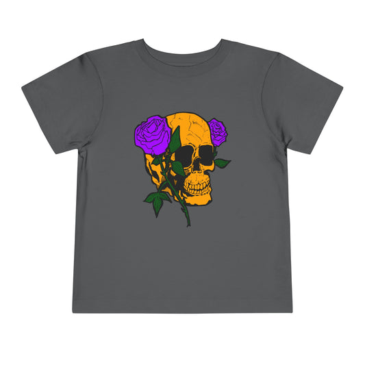 Toddler Tee — Orange Skull with Purple Roses Graphic