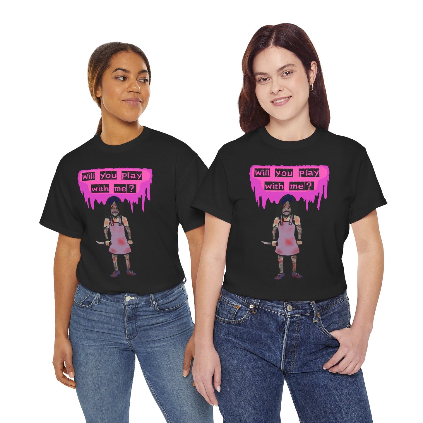 Playful Evil Doll Horror Graphic Tee, Unisex Heavy Cotton Shirt, Casual Wear, Unique Gift, Halloween Costume, Quirky Fashion