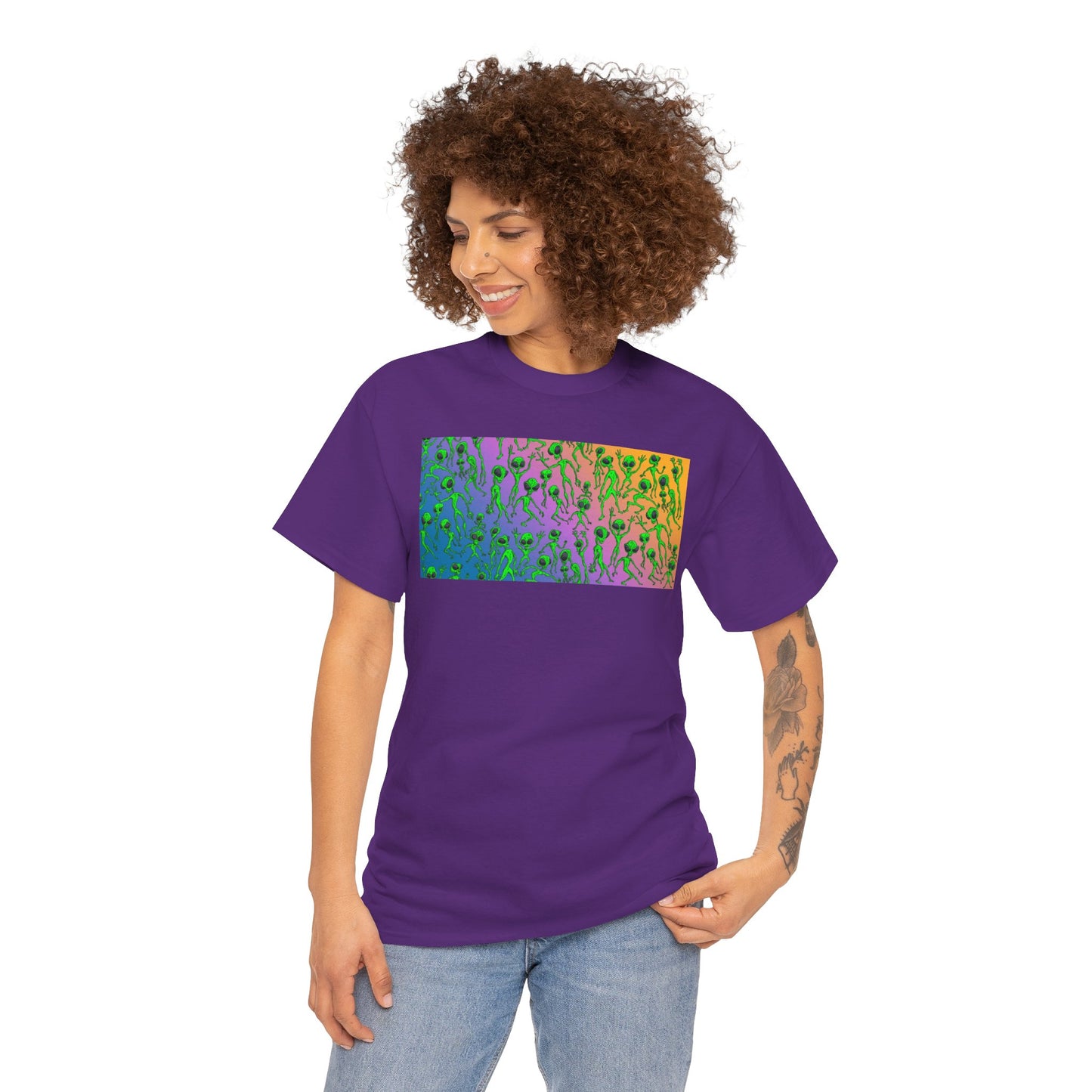 Alien Dance Party Gradient Tee — Colorful Psychedelic Green Aliens Art T-Shirt