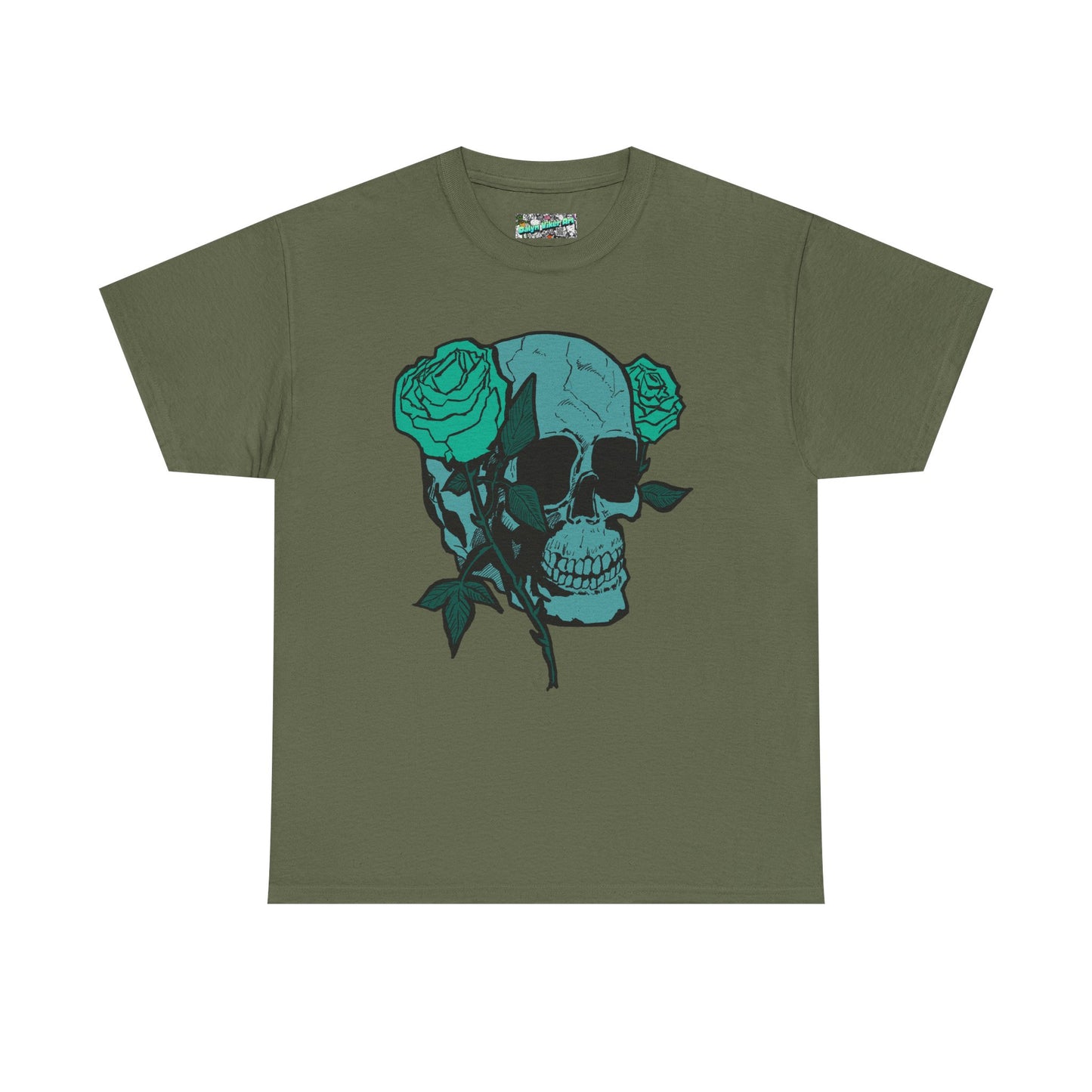 Skull & Roses Graphic Tee — Teal Skull Floral T-Shirt