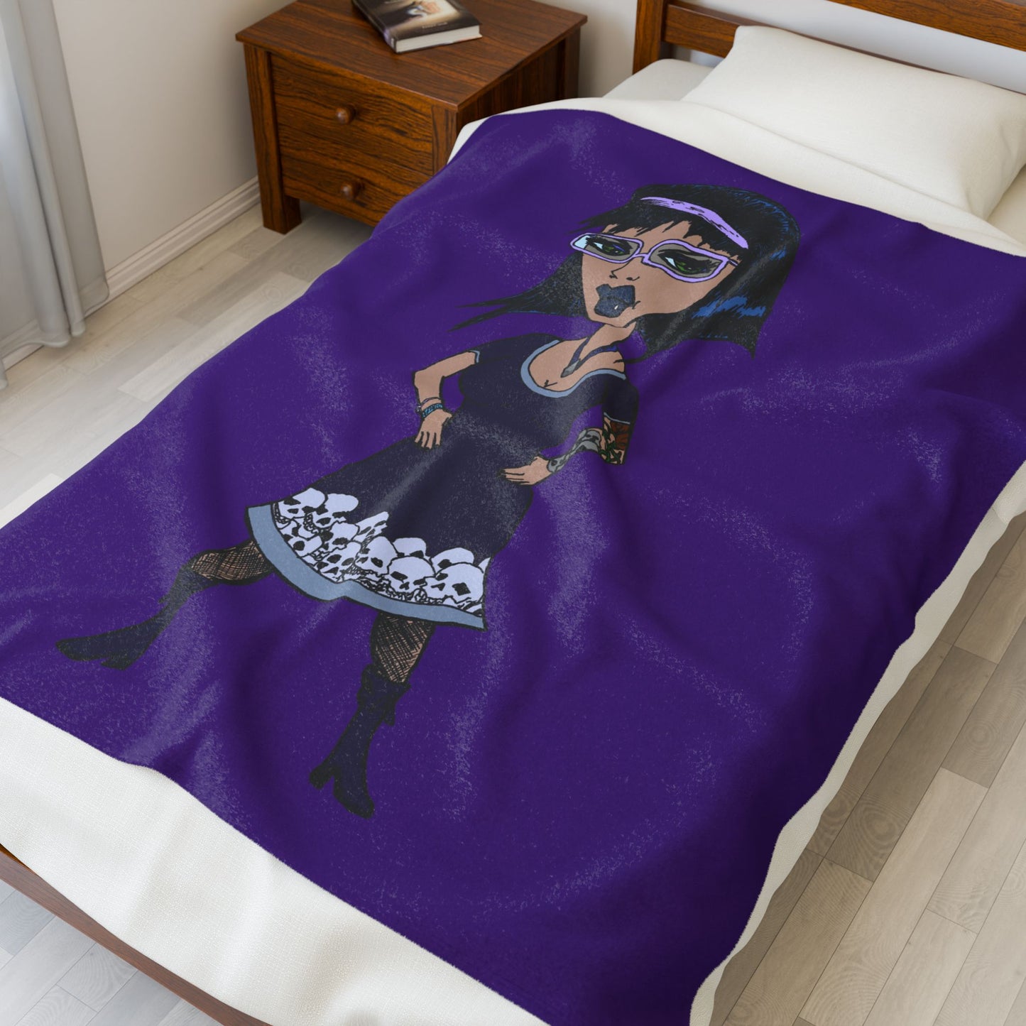Goth Girl Velveteen Plush Blanket – Purple Skull Hem Cozy Throw
