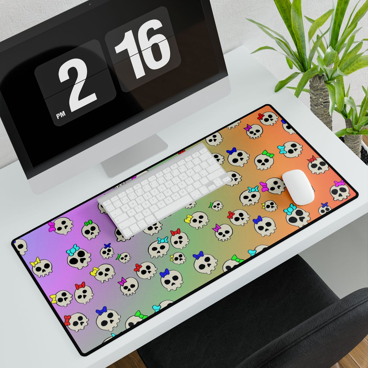 Rainbow Skull Pattern Desk Mat — Cute Pastel Skull Gaming Mouse Pad and Card Playing Mat