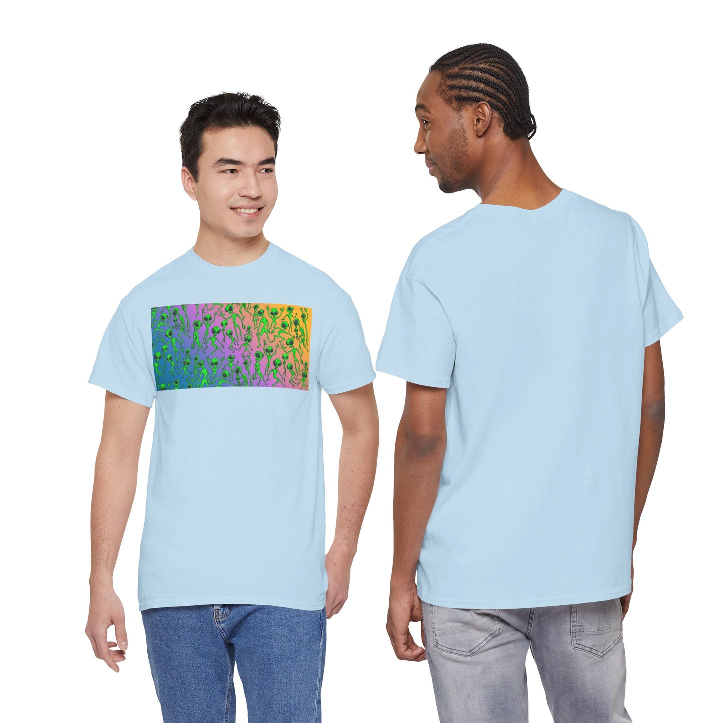 Alien Dance Party Gradient Tee — Colorful Psychedelic Green Aliens Art T-Shirt