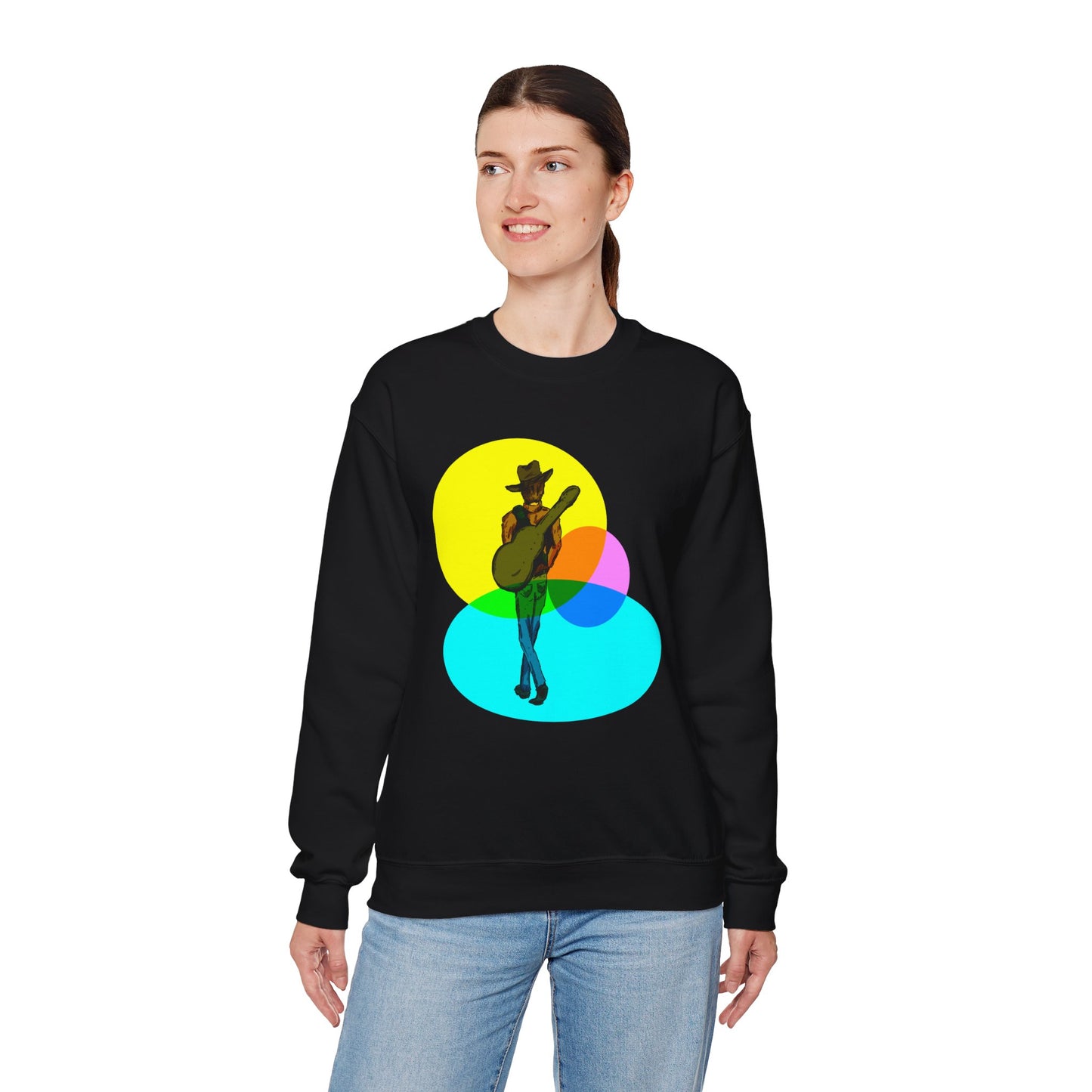 Cowboy Guitarist Graphic Sweatshirt — Retro Color Spot Music Pullover