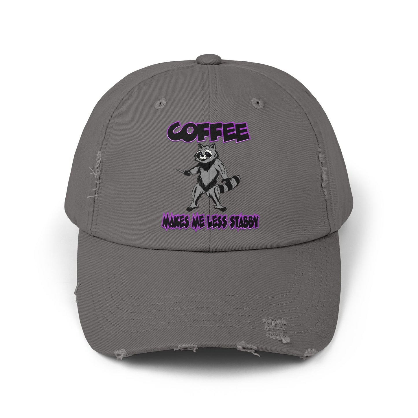 Funny Unisex Distressed Cap - "Coffee Makes Me Less Stabby" - Grumpy Raccoon