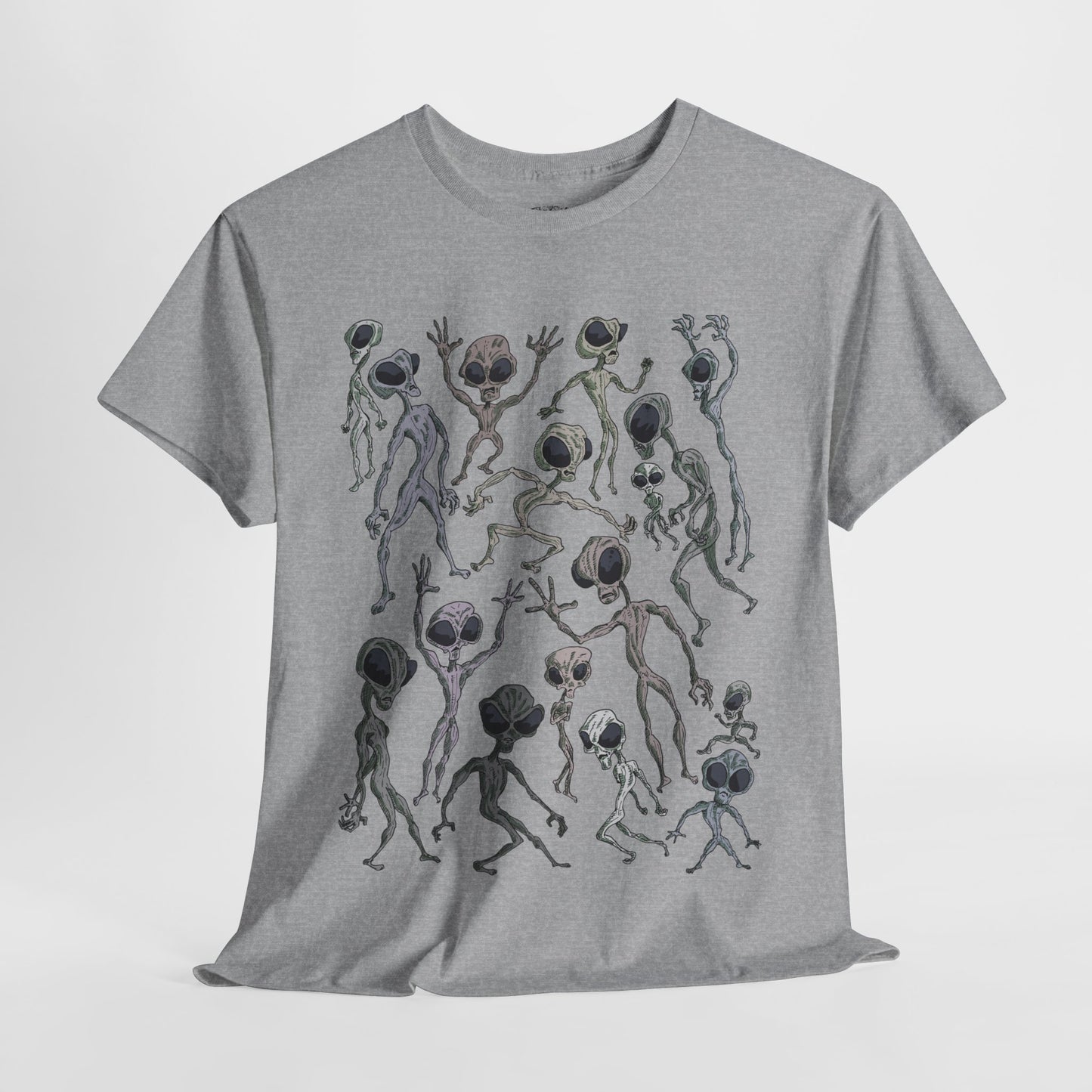 Funky Alien Dance Party Tee, Unisex Heavy Cotton Shirt, Fun Graphic Tee, Casual Wear for Parties, Unique Gift for Alien Lovers