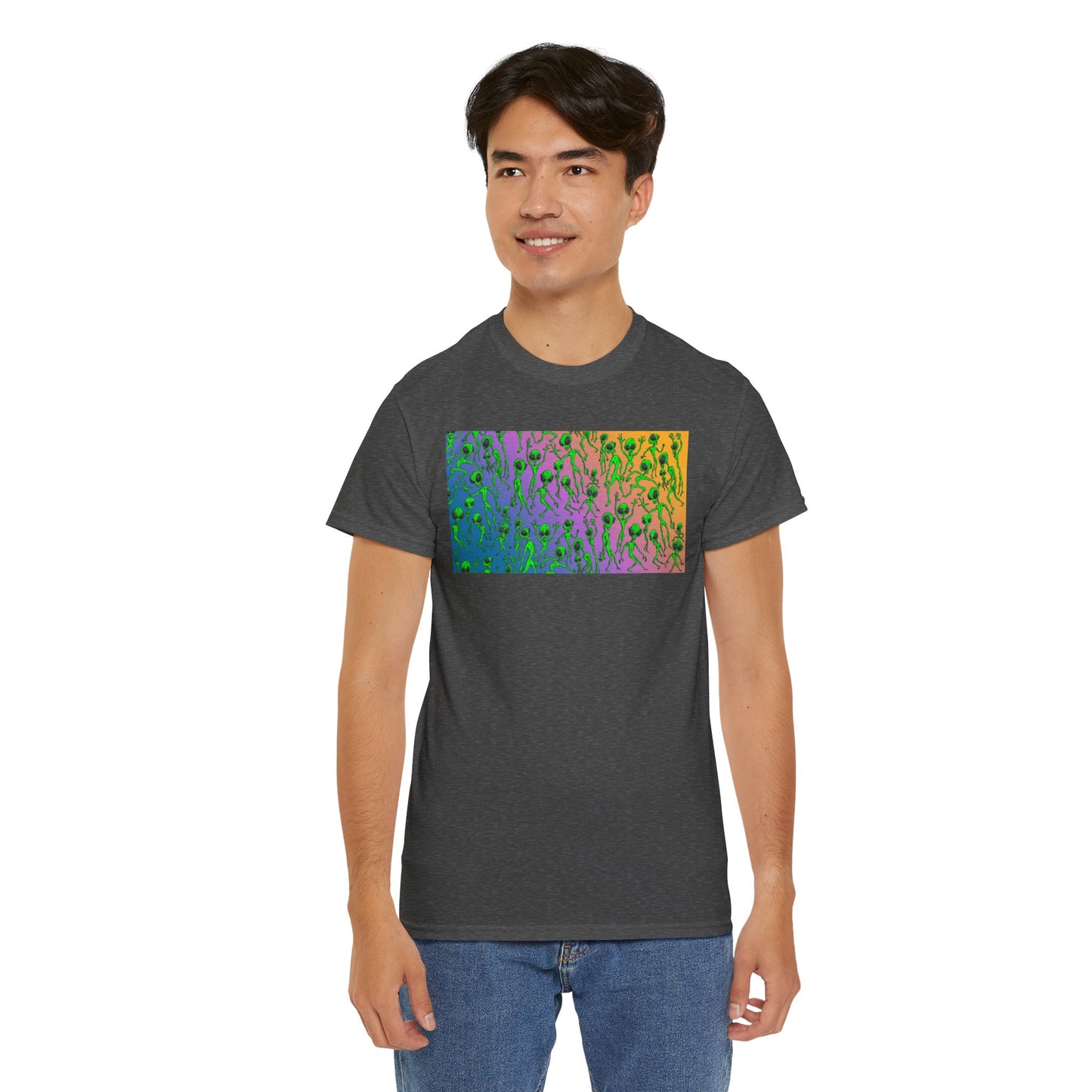 Alien Dance Party Gradient Tee — Colorful Psychedelic Green Aliens Art T-Shirt