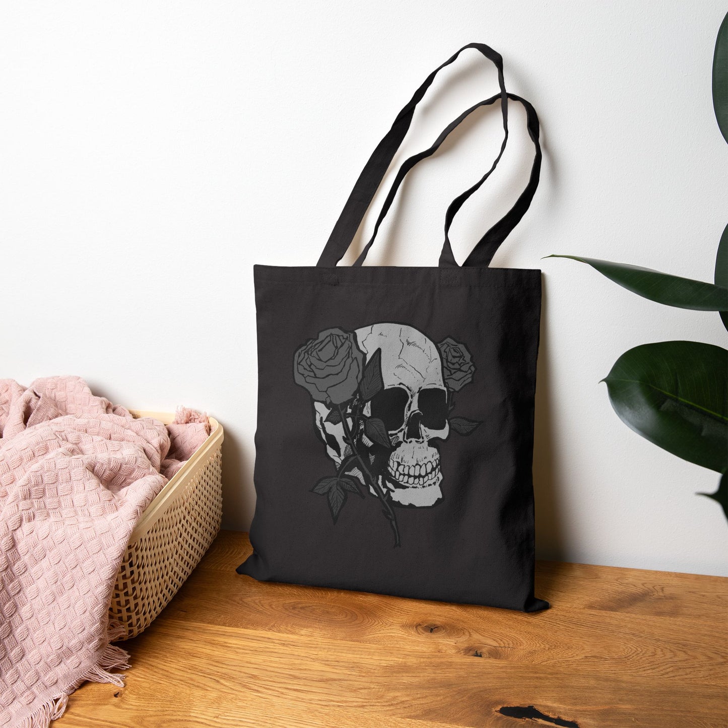 Skull with Roses Canvas Tote Bag — Gothic Floral Reusable Market Bag