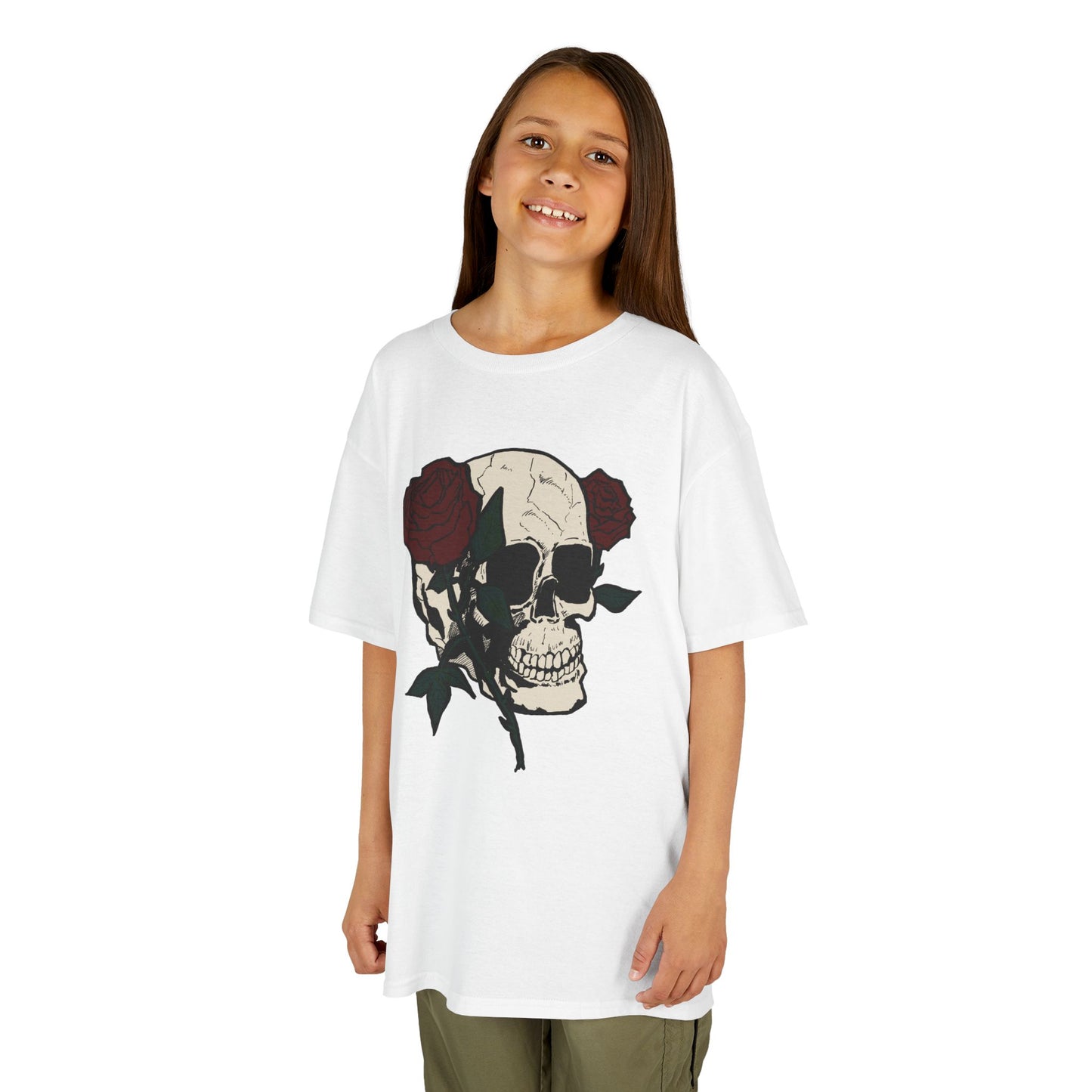 Kids Heavy Cotton Tee - Skull and Roses Graphic Tee for Trendy Kids
