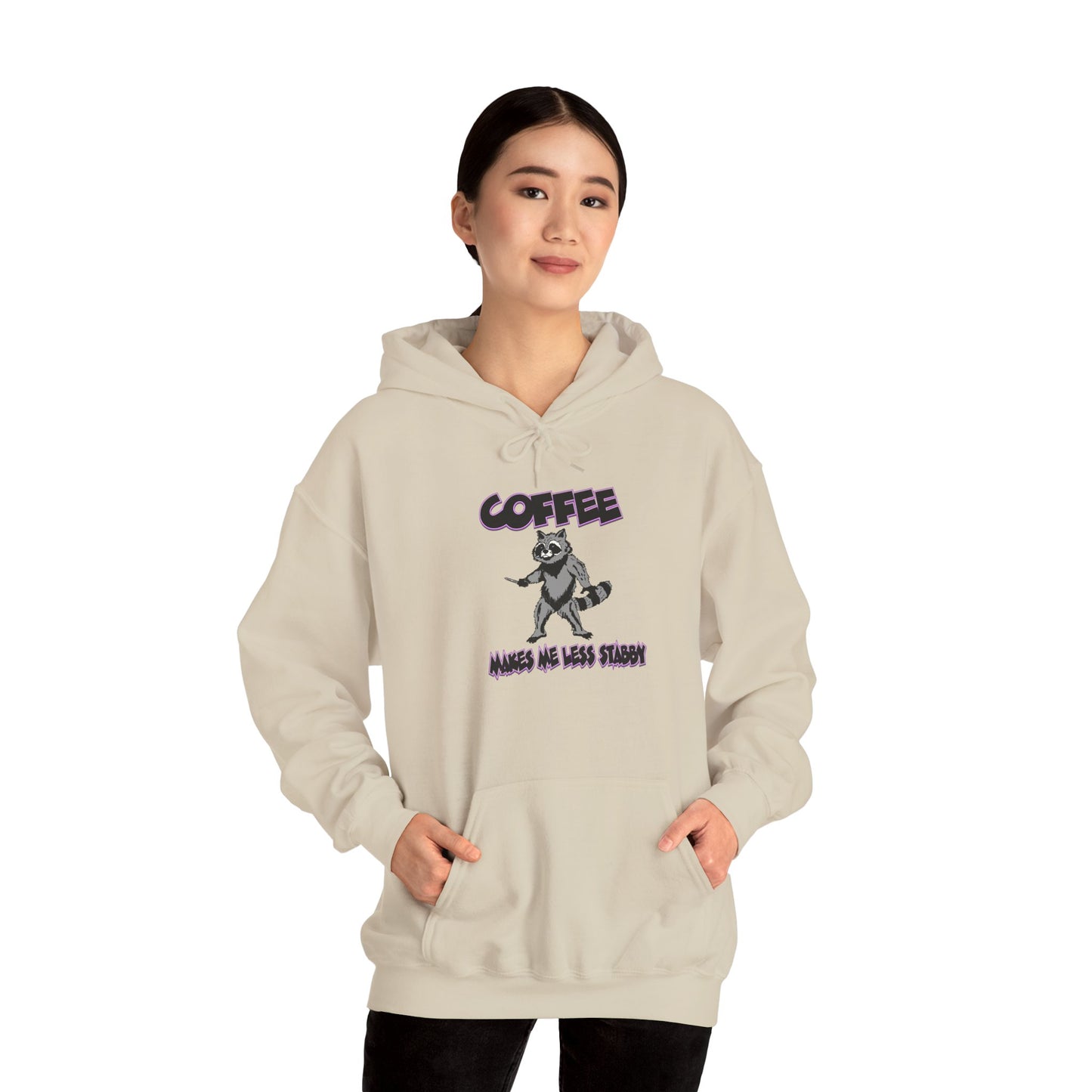 Coffee Makes Me Less Stabby Themed Unisex Hoodie with Fun Raccoon Design, Perfect for Coffee Lovers, Gift for Birthdays, Chill Days, Cozy Sweater