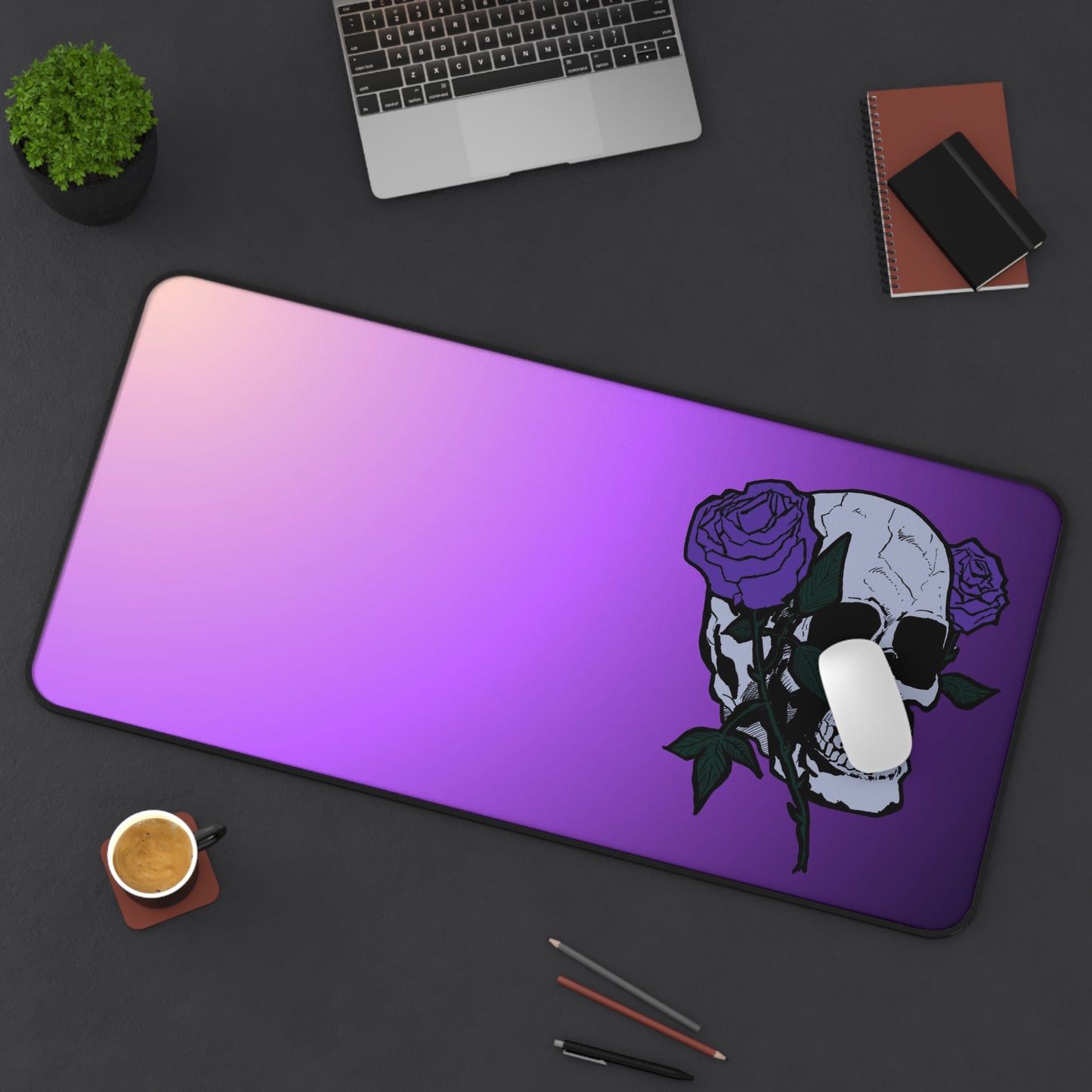Purple Skull & Roses Desk Mat — Gothic Gaming Mouse Pad