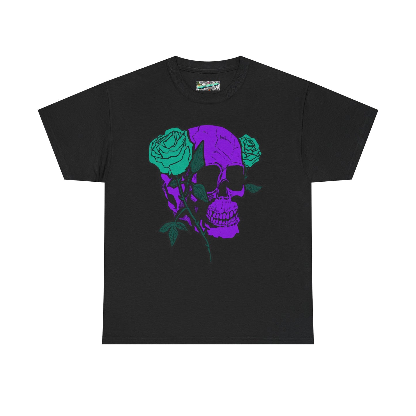 Skull & Rose Tee — Purple Skull with Turquoise Roses Graphic T-Shirt