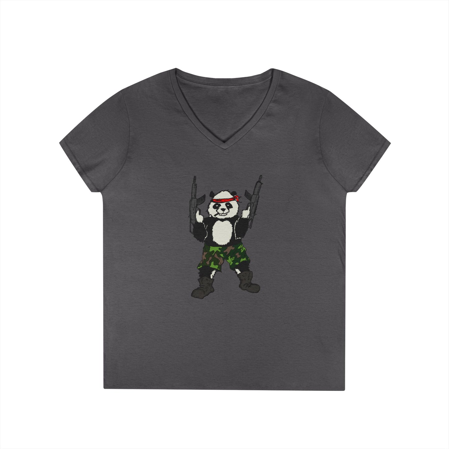 Ladies' V-Neck T-Shirt - Cool Panda with Guns Graphic Tee