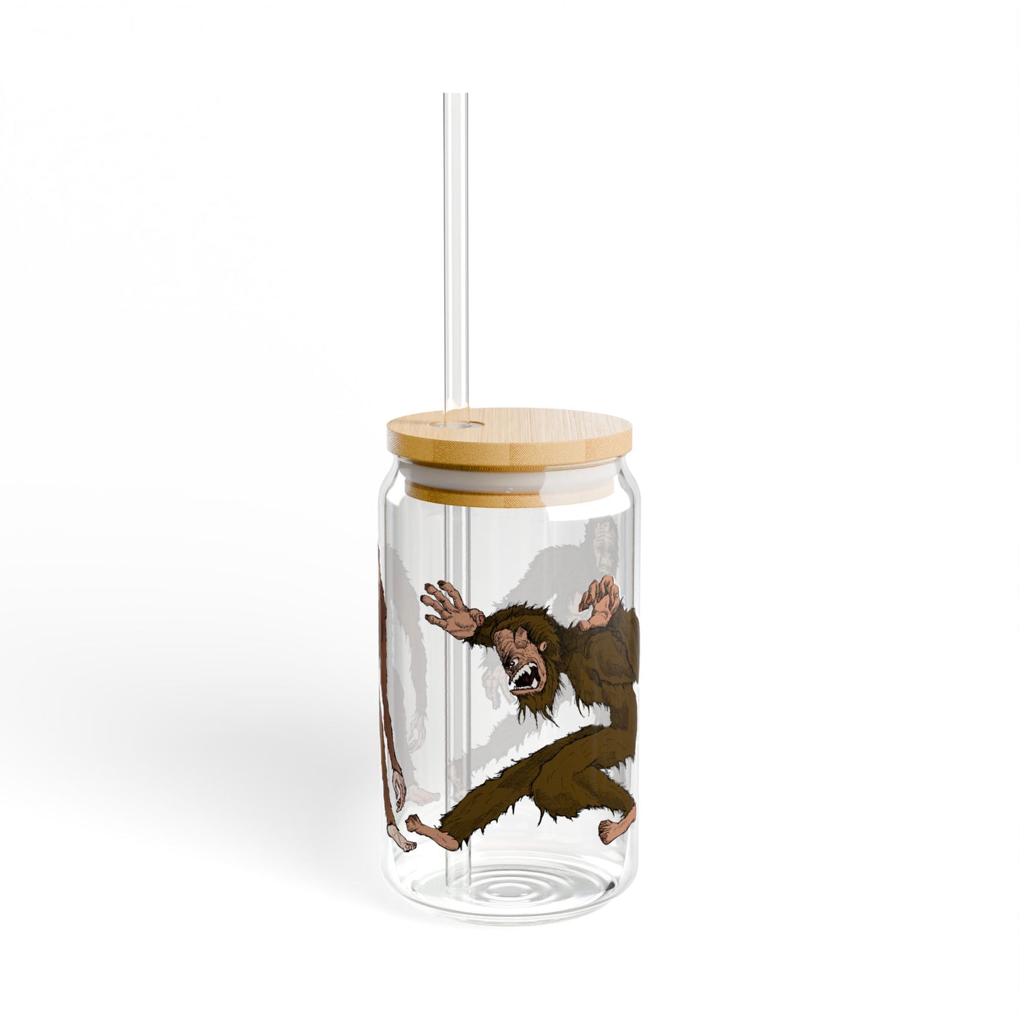 Bigfoot Pattern 16oz Sipper Glass with Bamboo Lid — Sasquatch Camping Drink Tumbler