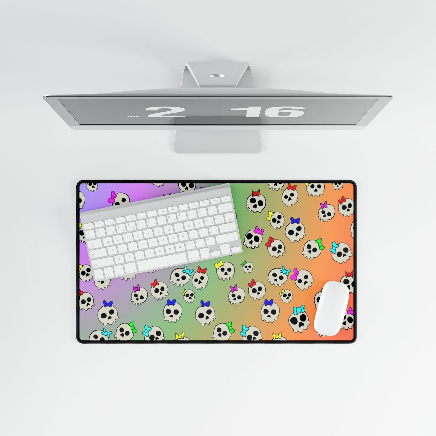 Rainbow Skull Pattern Desk Mat — Cute Pastel Skull Gaming Mouse Pad and Card Playing Mat