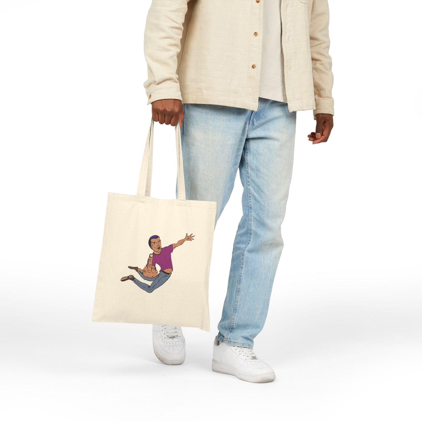 Giving a Flying Eff Tote Bag — Playful Retro Man Jumping Illustration Cotton Canvas Tote