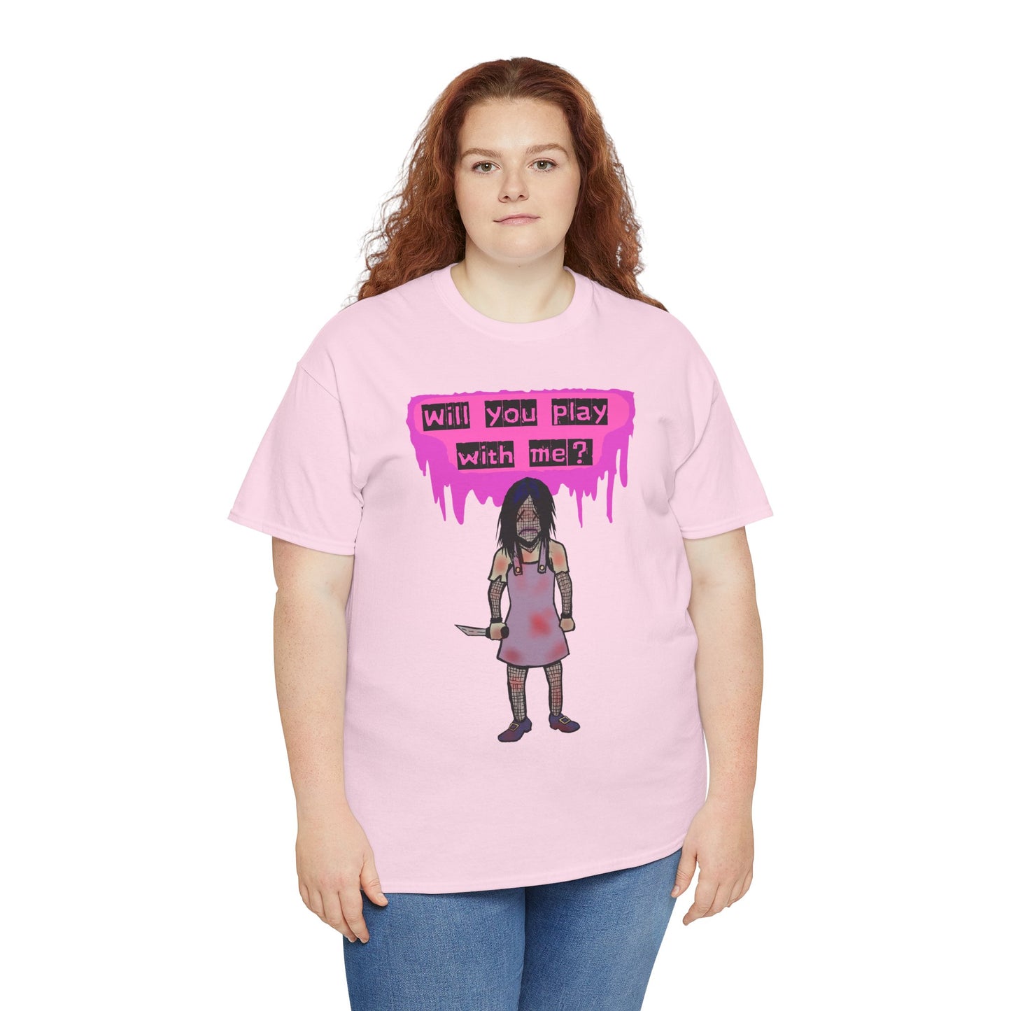 Playful Evil Doll Horror Graphic Tee, Unisex Heavy Cotton Shirt, Casual Wear, Unique Gift, Halloween Costume, Quirky Fashion