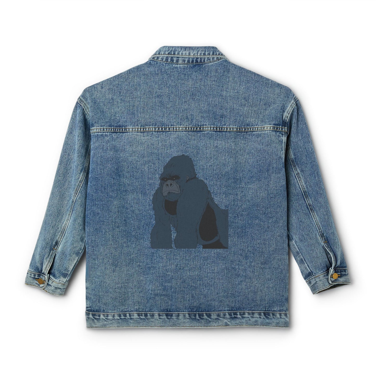 Women's Denim Jacket with Minimalist Gorilla Back Print - Casual Cool Outerwear