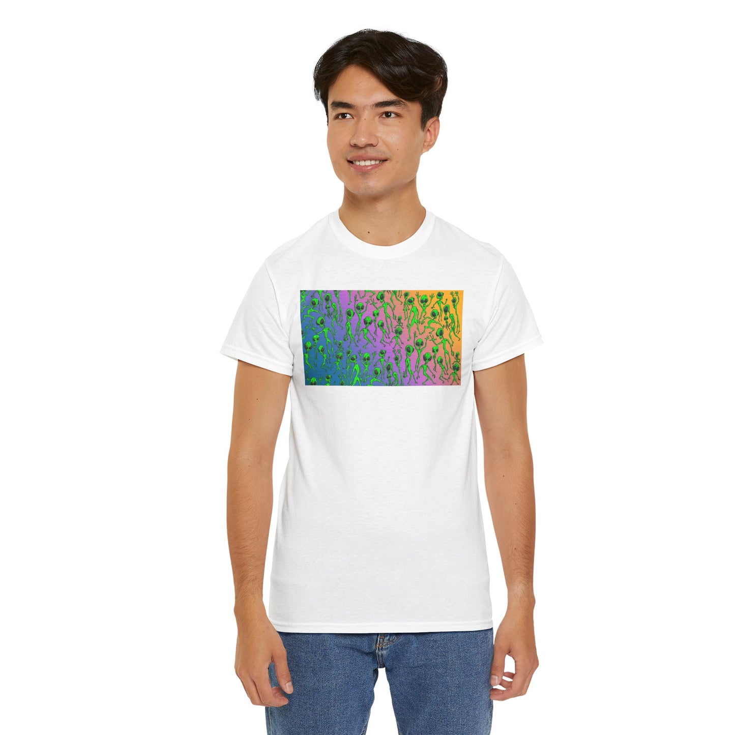 Alien Dance Party Gradient Tee — Colorful Psychedelic Green Aliens Art T-Shirt