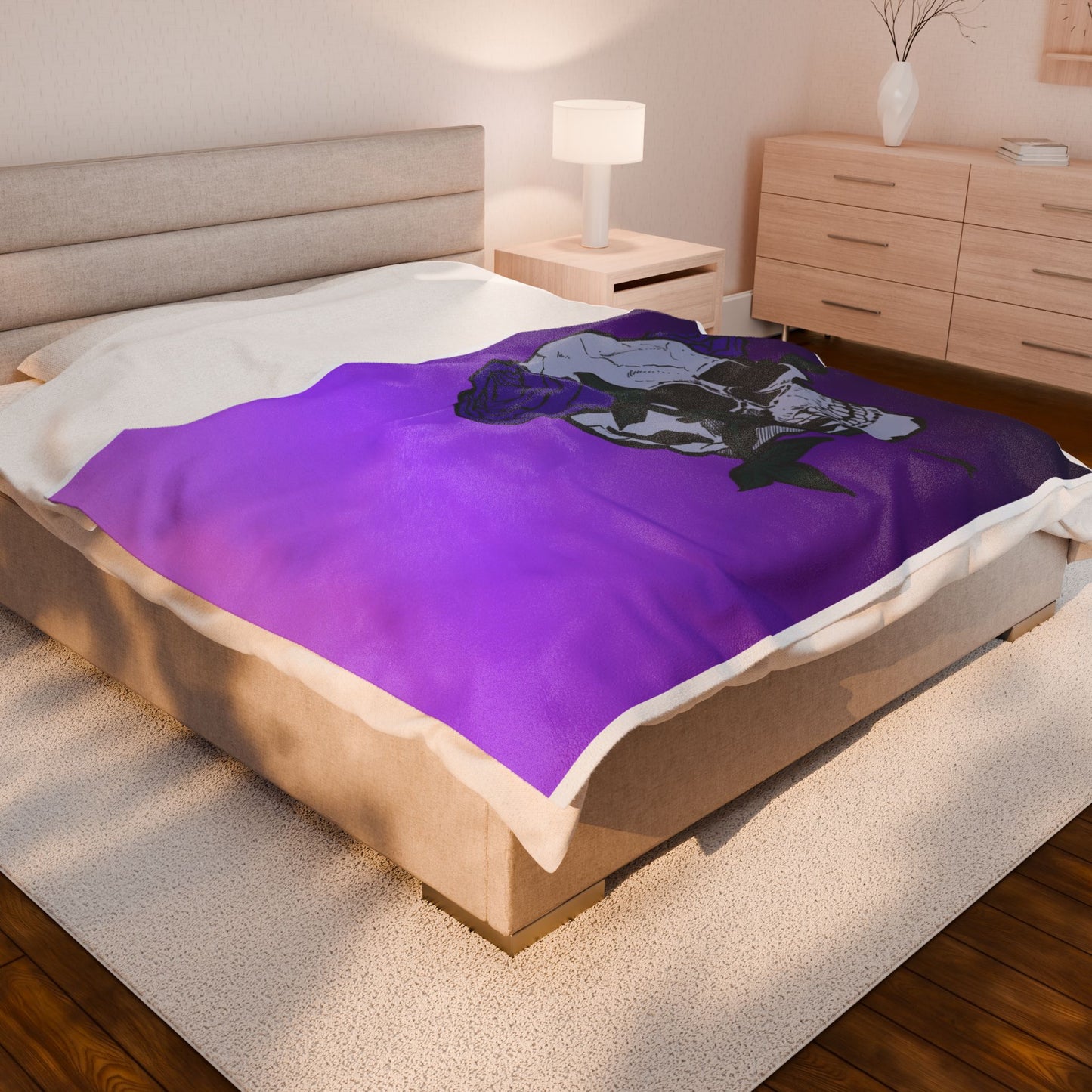 Purple Skull & Roses Velveteen Plush Blanket – Gothic Floral Throw