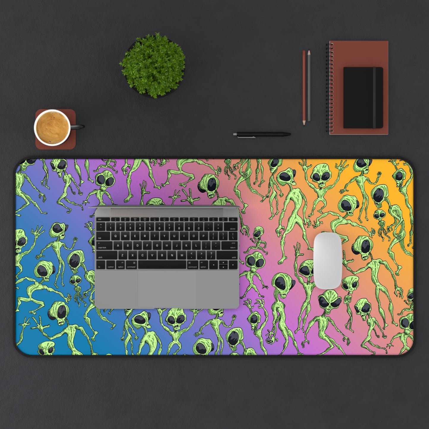 Alien Dance Party Desk Mat — Colorful Retro Space Alien Mouse Pad