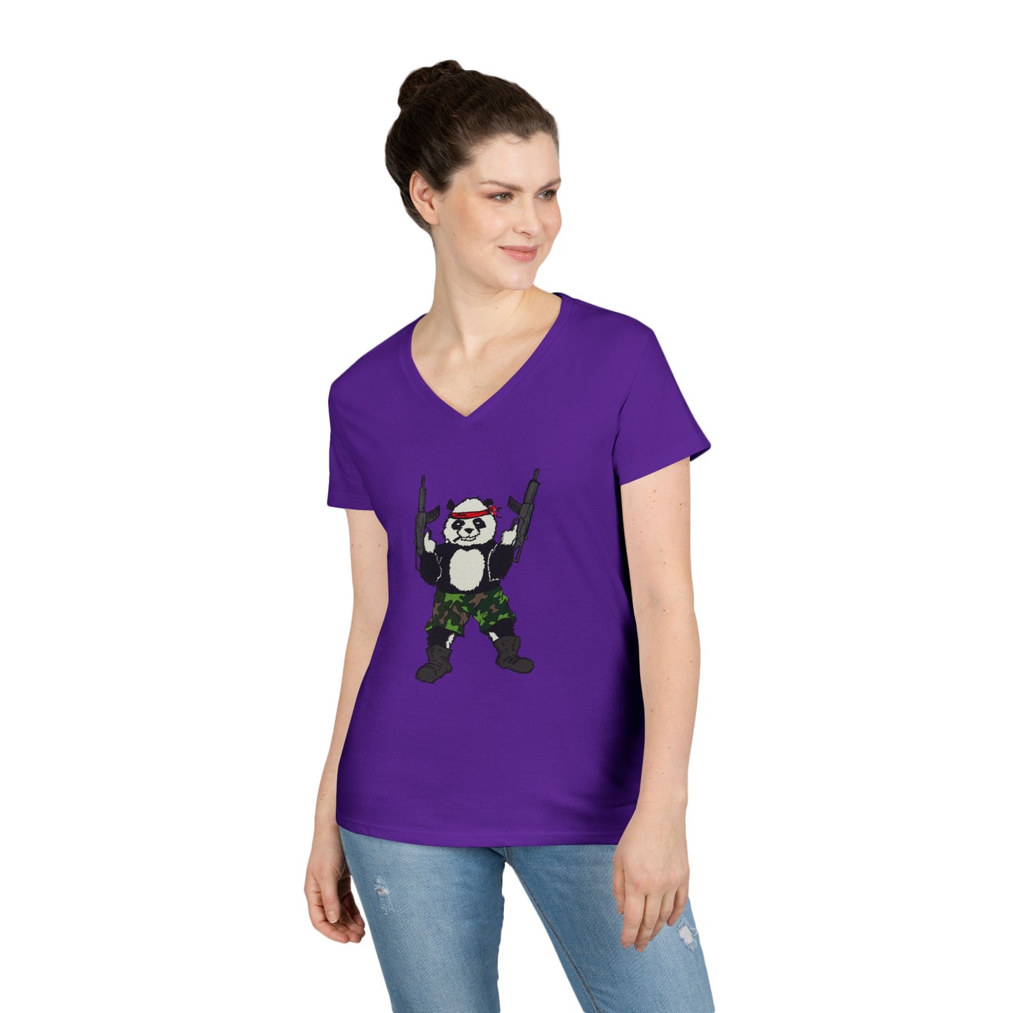 Ladies' V-Neck T-Shirt - Cool Panda with Guns Graphic Tee