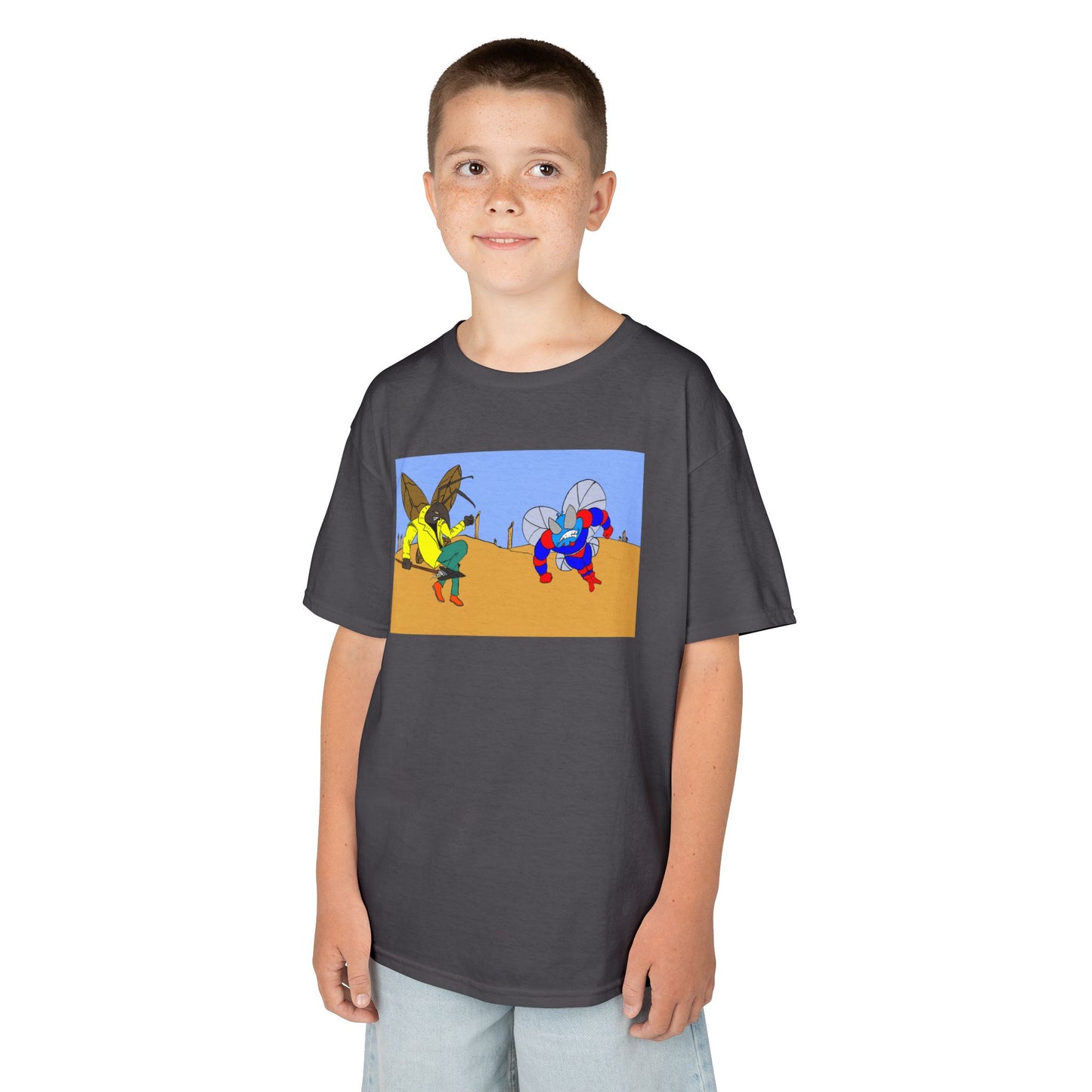 Astro-Fly and Wasp Warrior Kids Tee — Colorful Desert Beetle Cartoon Illustration
