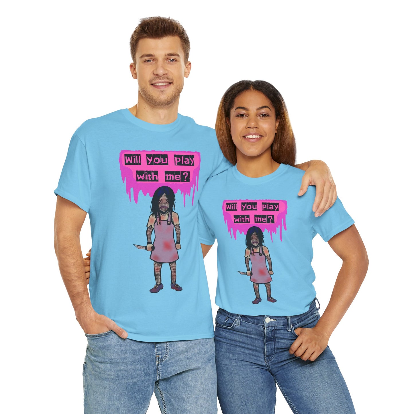 Playful Evil Doll Horror Graphic Tee, Unisex Heavy Cotton Shirt, Casual Wear, Unique Gift, Halloween Costume, Quirky Fashion