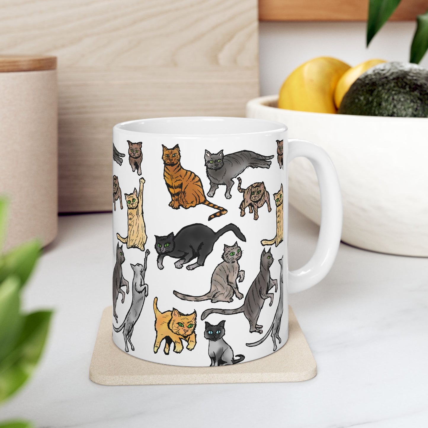 Cat Pattern Ceramic Mug — Cute Illustrated Cats Coffee Cup (11oz, 15oz)