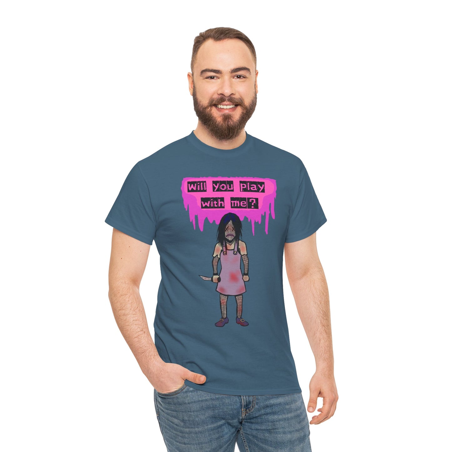 Playful Evil Doll Horror Graphic Tee, Unisex Heavy Cotton Shirt, Casual Wear, Unique Gift, Halloween Costume, Quirky Fashion