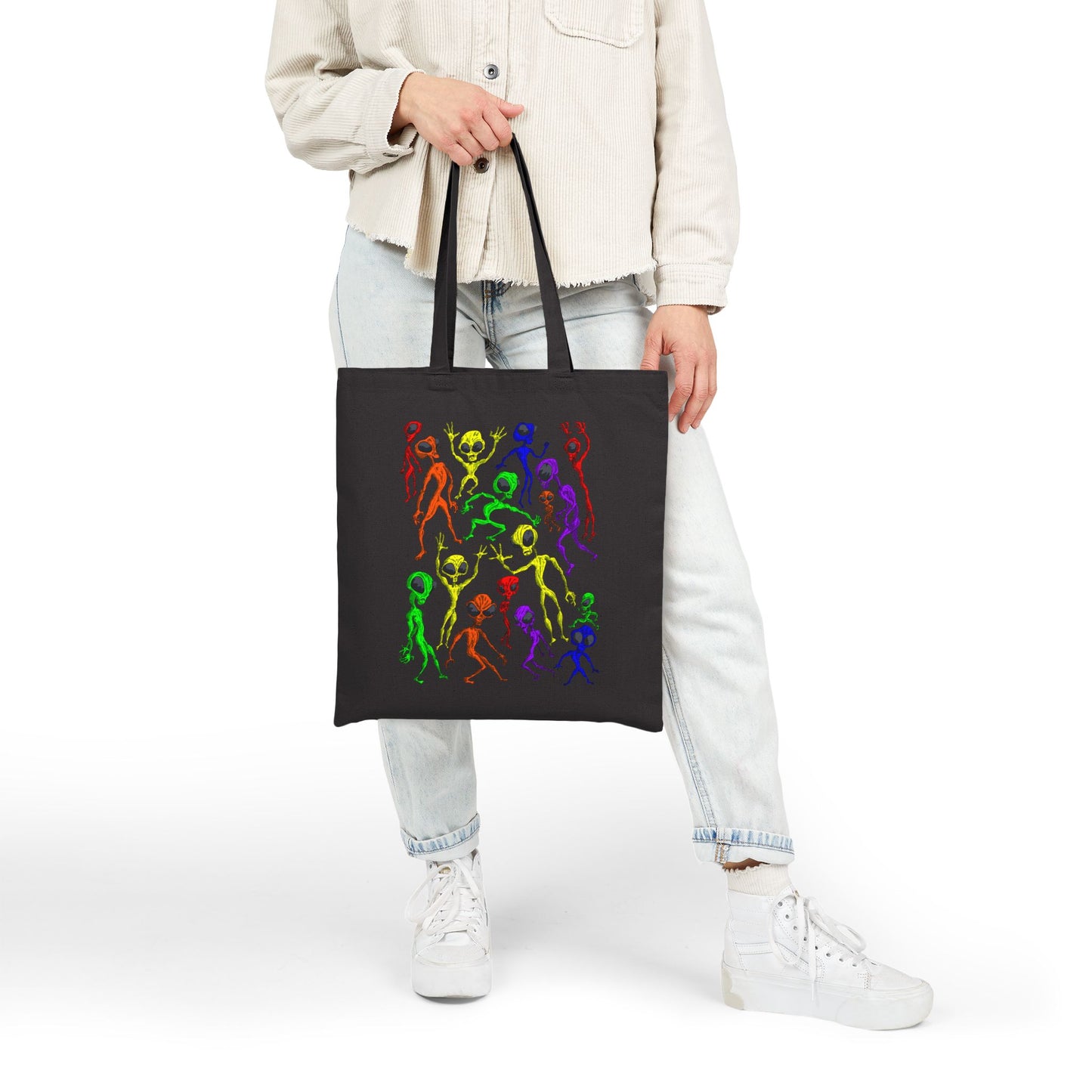 Alien Dance Party Canvas Tote Bag — Colorful Dancing Aliens Graphic Eco Shopper