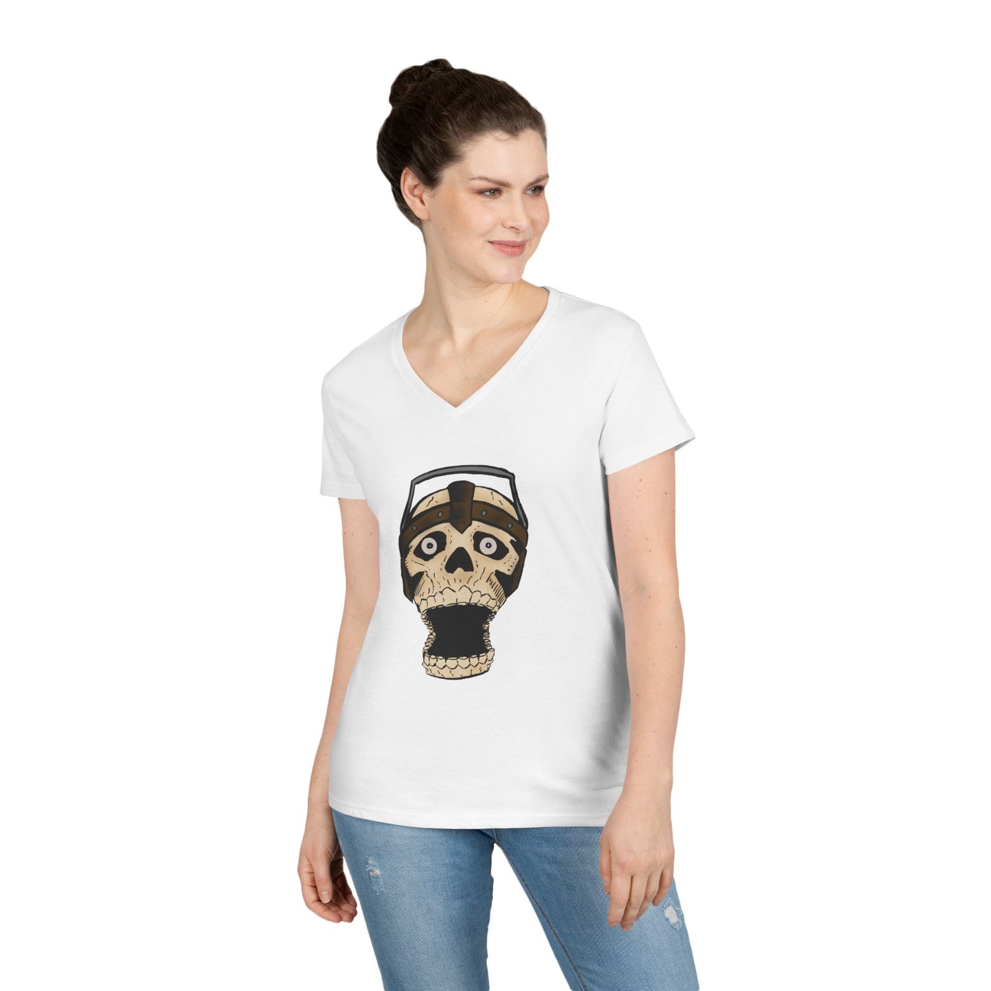 Skull Design Ladies' V-Neck T-Shirt - Trendy & Edgy Graphic Tee