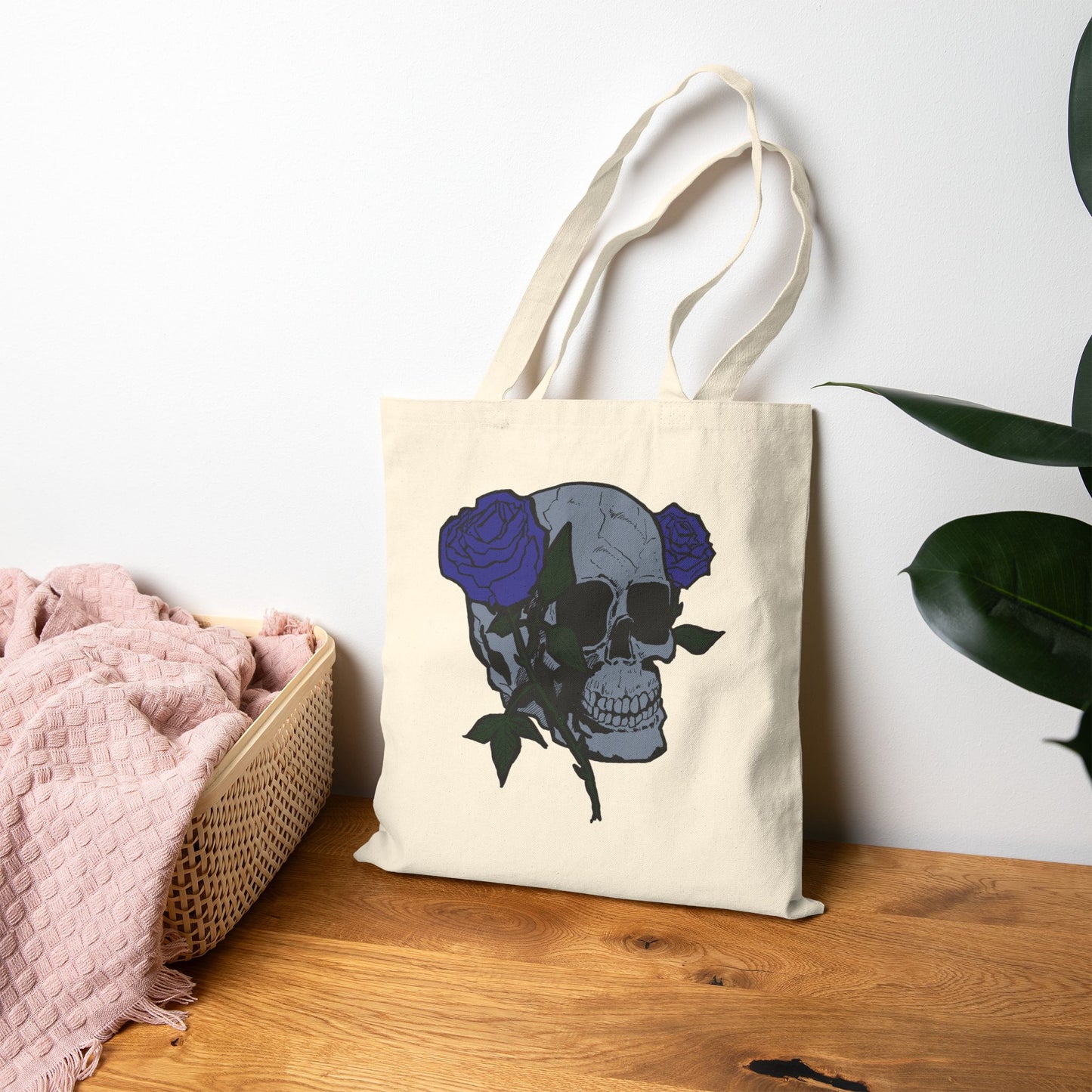 Skull with Blue Roses Cotton Tote Bag – Gothic Floral Canvas Shopper