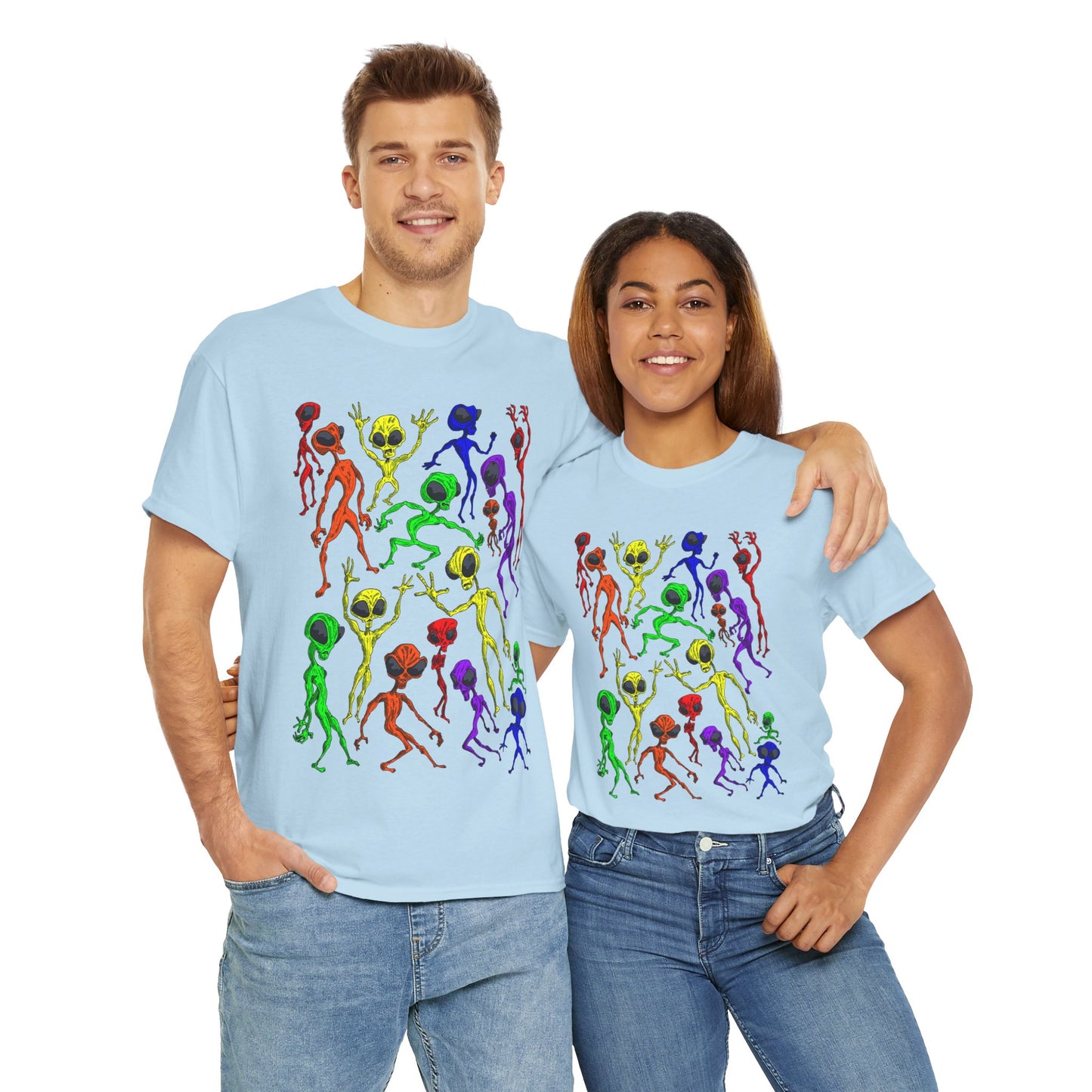 Rainbow Alien Dance Party Unisex Tee - Cosmic Sci-Fi Shirt