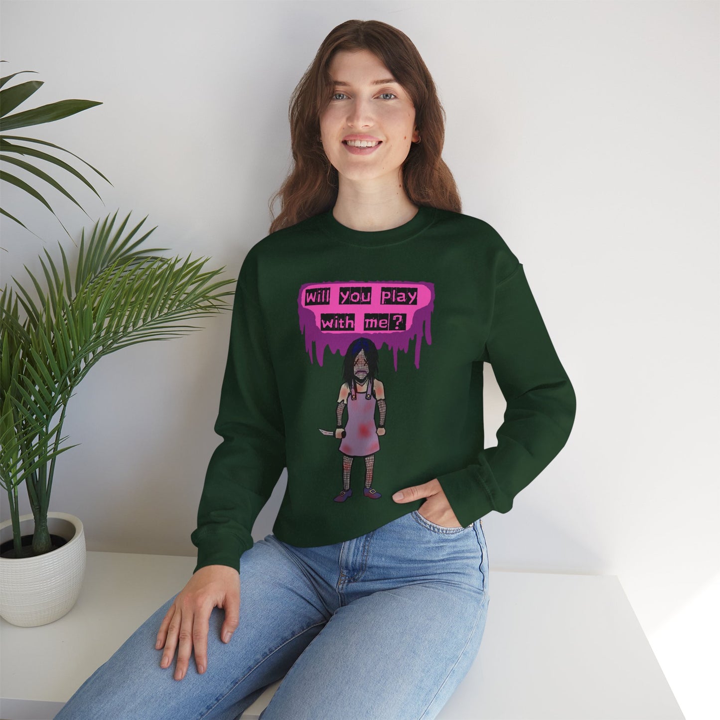 Evil Doll GHOSTLY VINTAGE UNISEX CREWNECK SWEATSHIRT - "Will You Play With Me?"
