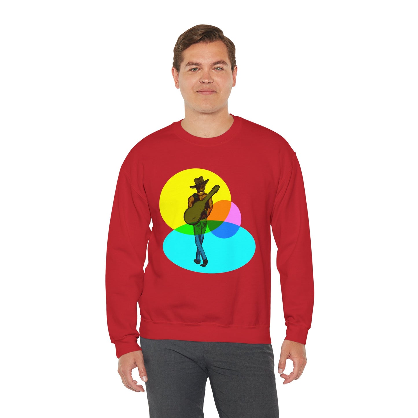 Cowboy Guitarist Graphic Sweatshirt — Retro Color Spot Music Pullover