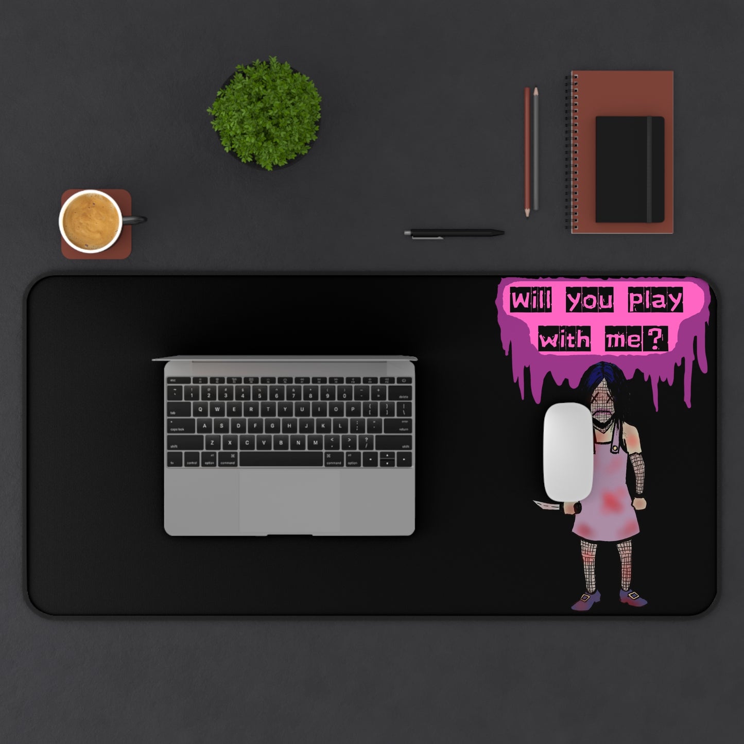 Gothic Gaming Desk Mat - 'Will You Play with Me?' | Perfect for Gamers, Home Office, and Halloween Decor, Mouse Pad, Computer Accessories