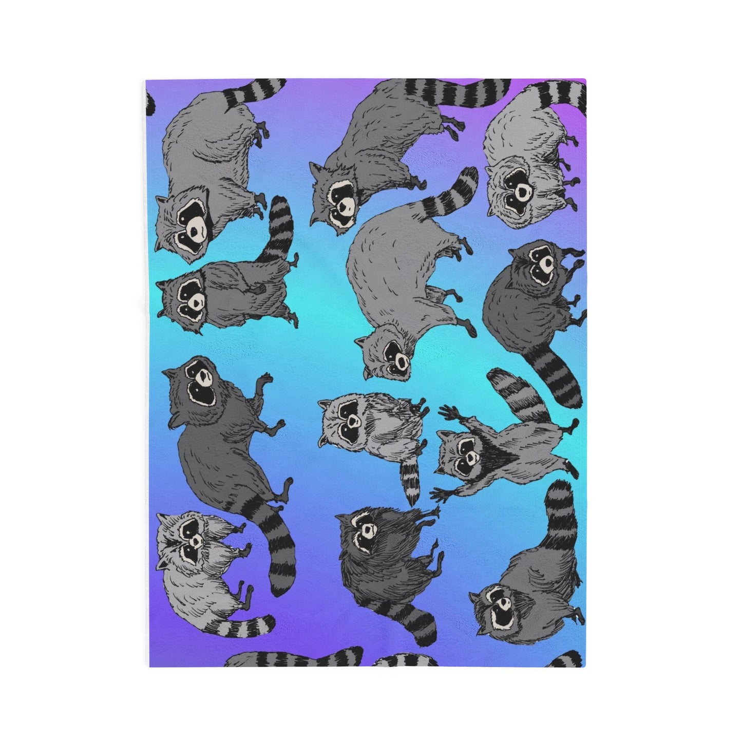 Raccoon Pattern Velveteen Plush Blanket — Cozy Blue Gradient Throw for Animal Lovers
