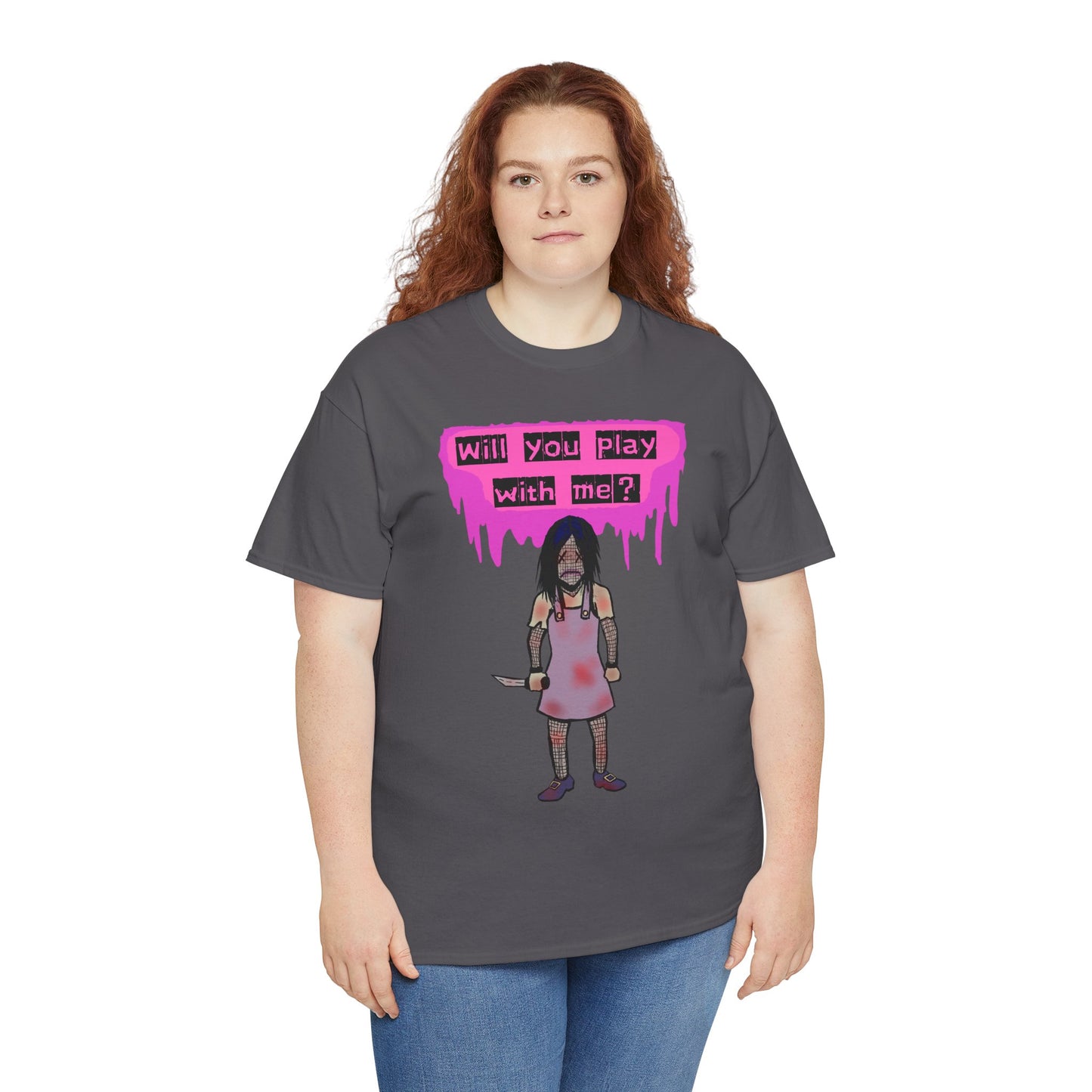 Playful Evil Doll Horror Graphic Tee, Unisex Heavy Cotton Shirt, Casual Wear, Unique Gift, Halloween Costume, Quirky Fashion