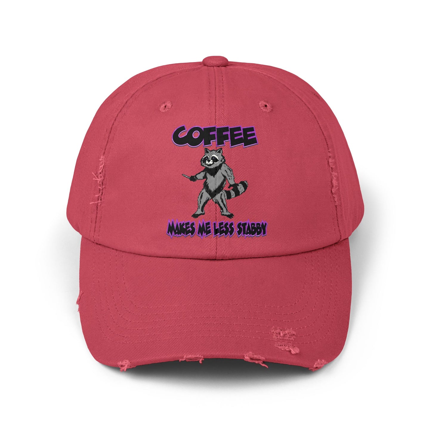 Funny Unisex Distressed Cap - "Coffee Makes Me Less Stabby" - Grumpy Raccoon