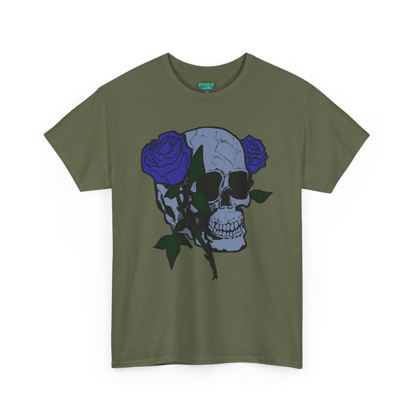 Unisex Heavy Cotton Tee with Skull and Rose Design - Edgy Streetwear Top