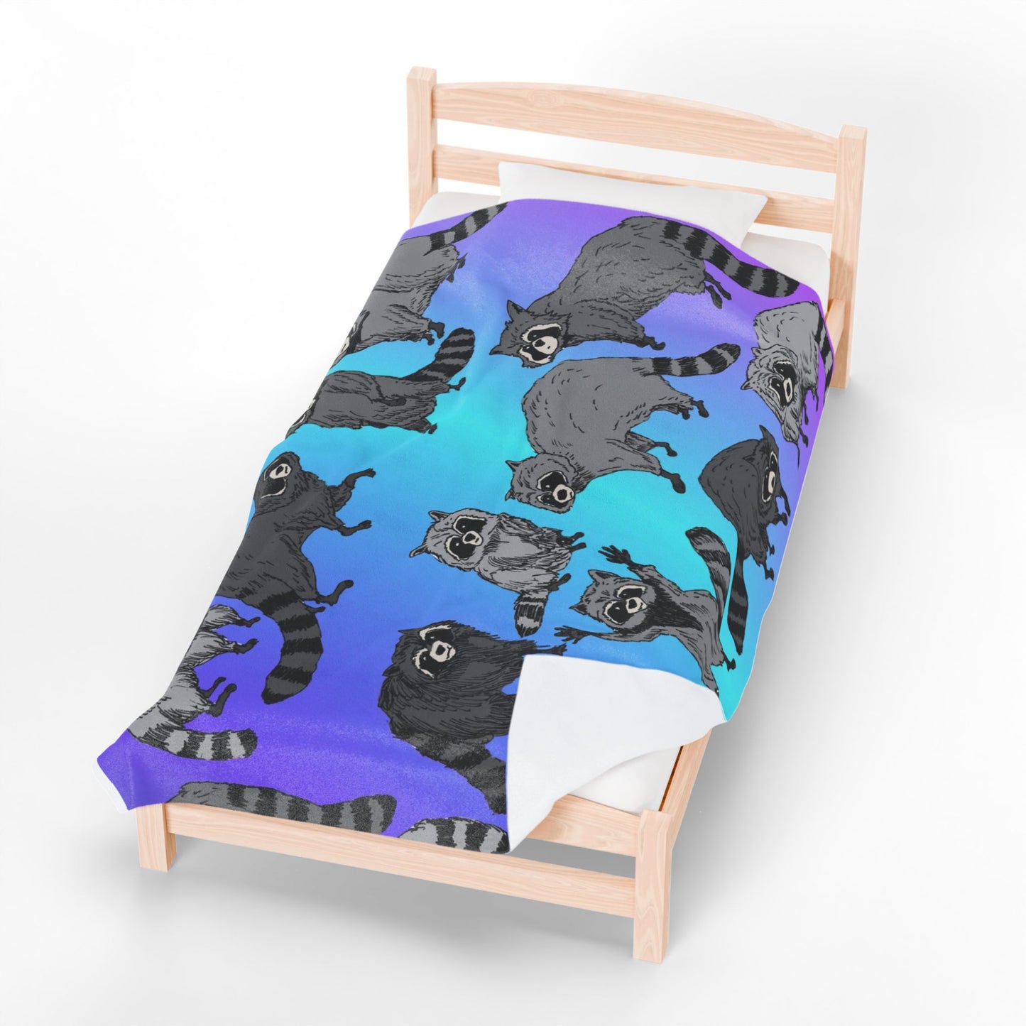 Raccoon Pattern Velveteen Plush Blanket — Cozy Blue Gradient Throw for Animal Lovers