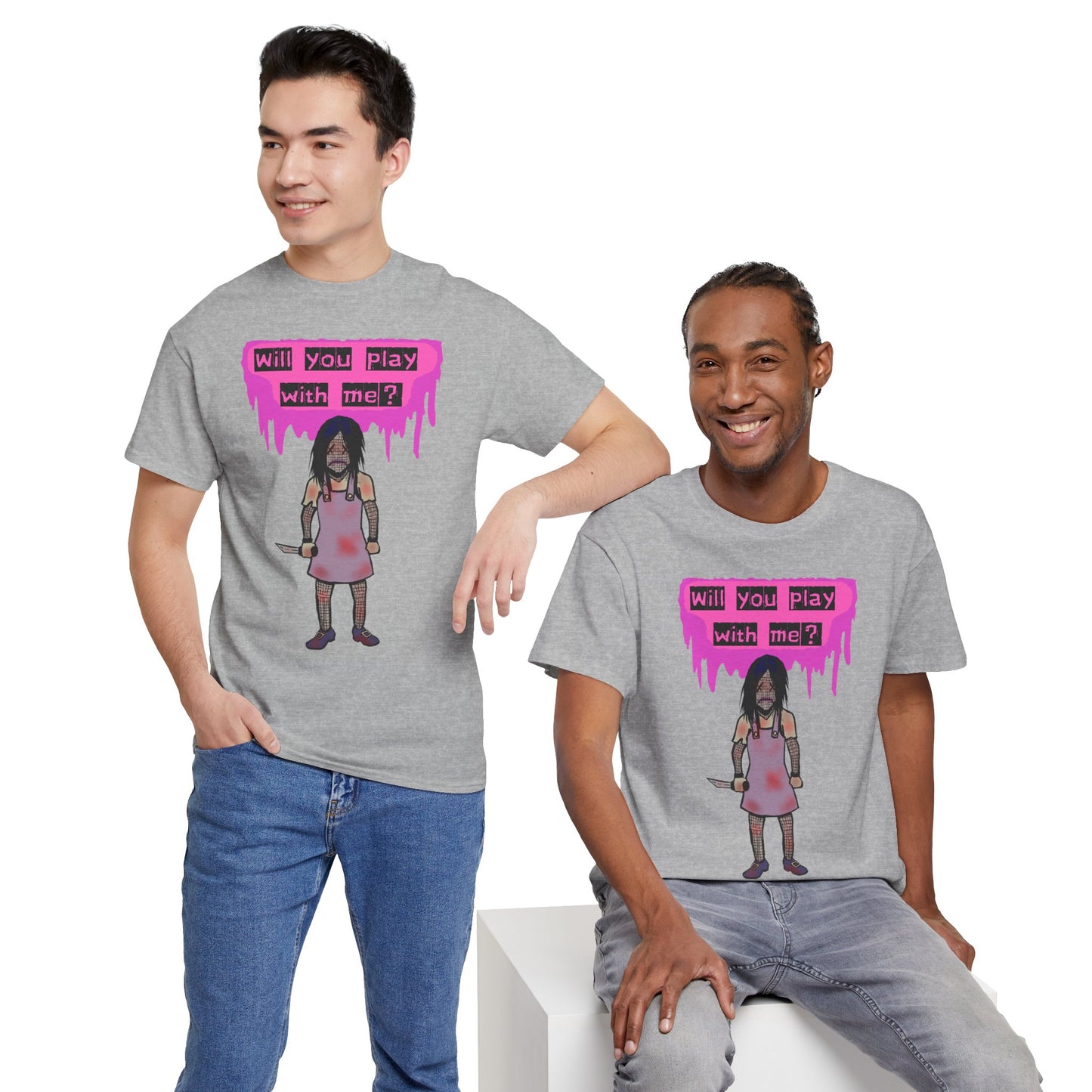 Playful Evil Doll Horror Graphic Tee, Unisex Heavy Cotton Shirt, Casual Wear, Unique Gift, Halloween Costume, Quirky Fashion