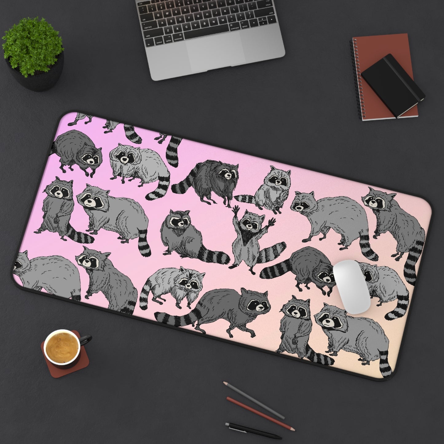 Raccoon Pattern Desk Mat — Cute Pink Gradient Gaming & Office Mouse Pad